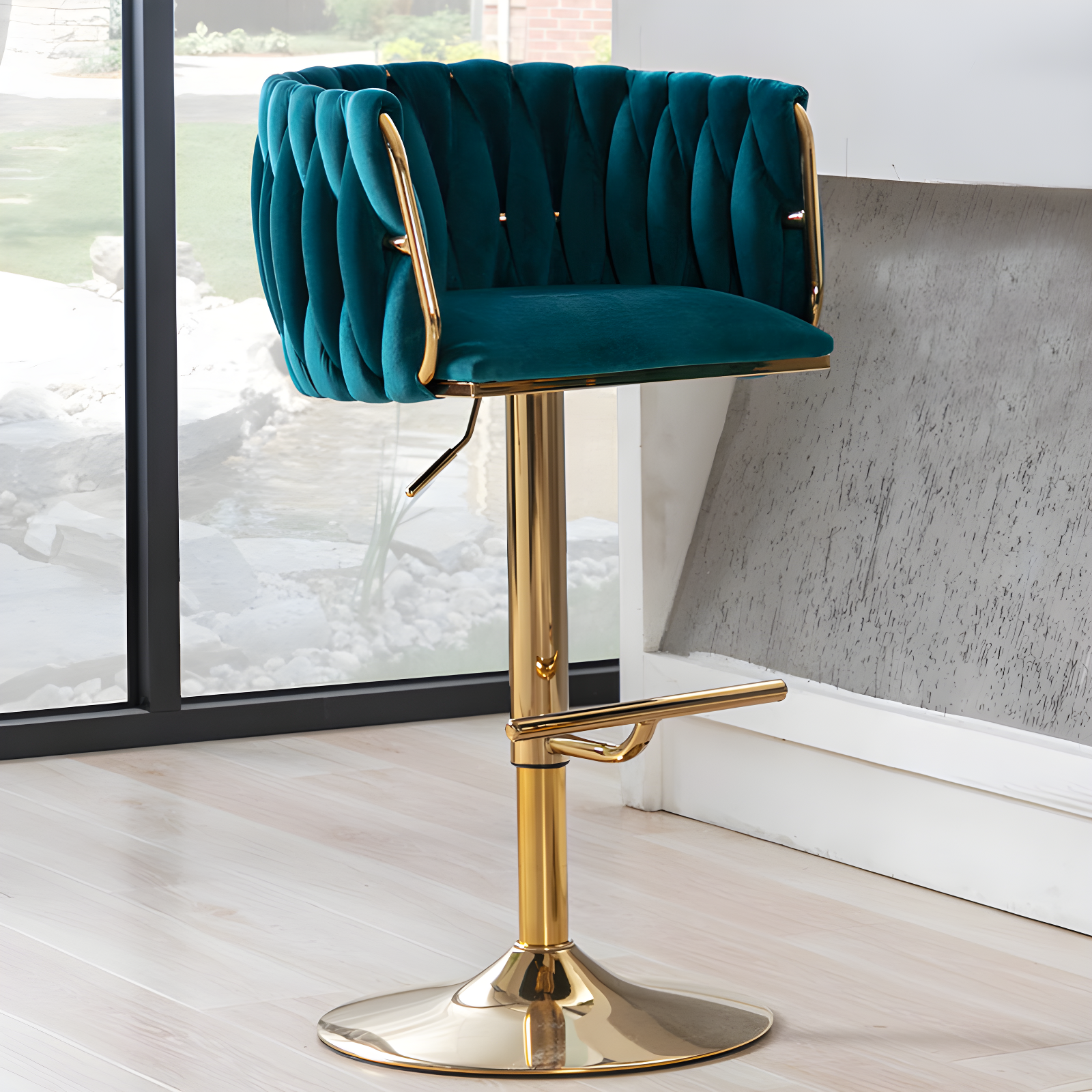 Everly Quinn Swivel Adjustable Height Bar Stool Modern Velvet Barstool with Barrel Back Kitchen Island Counter Bar Chair with Golden Base