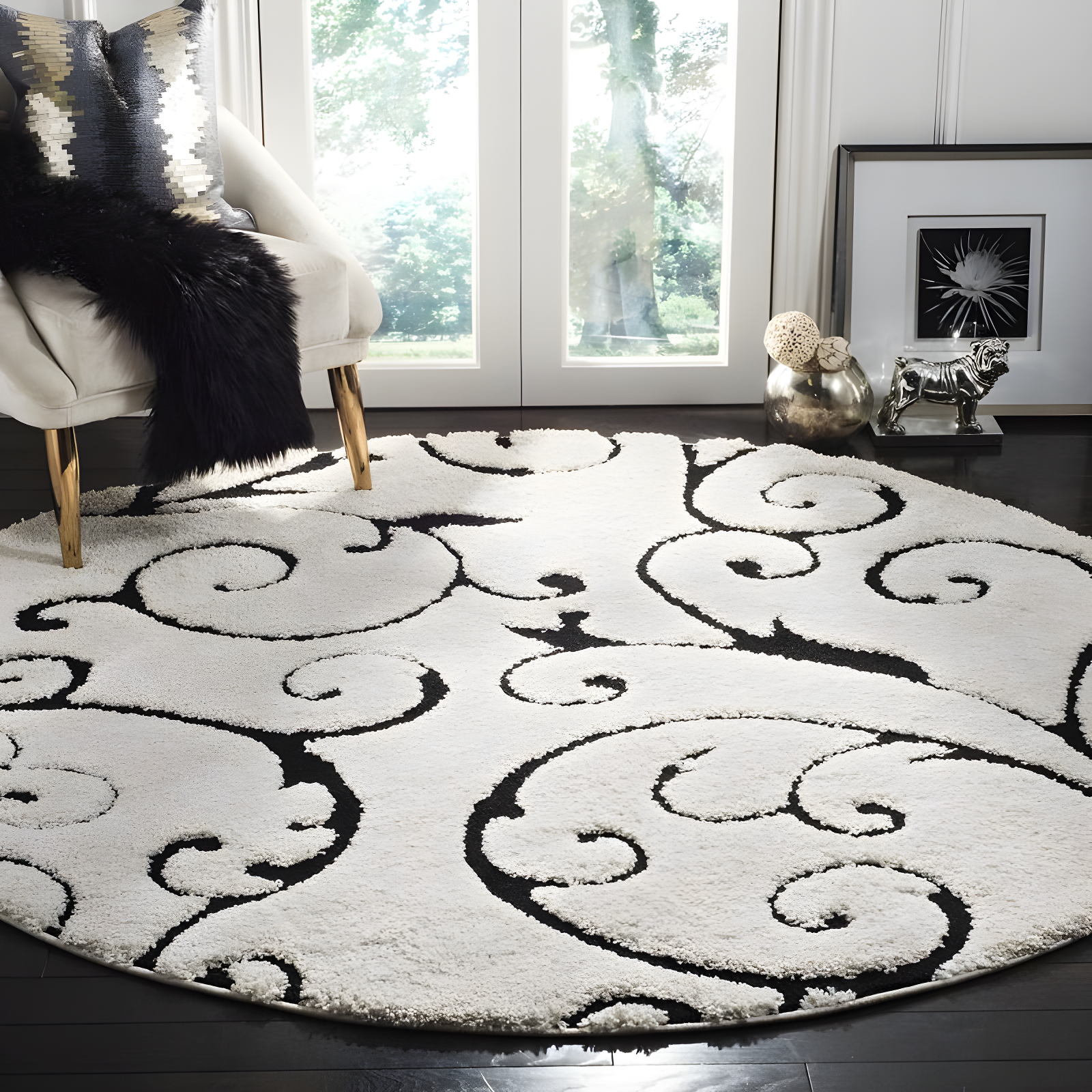 Florida Shag SG455 Power Loomed Indoor Area Rug - Ivory/Black - 6'7" round - Safavieh.