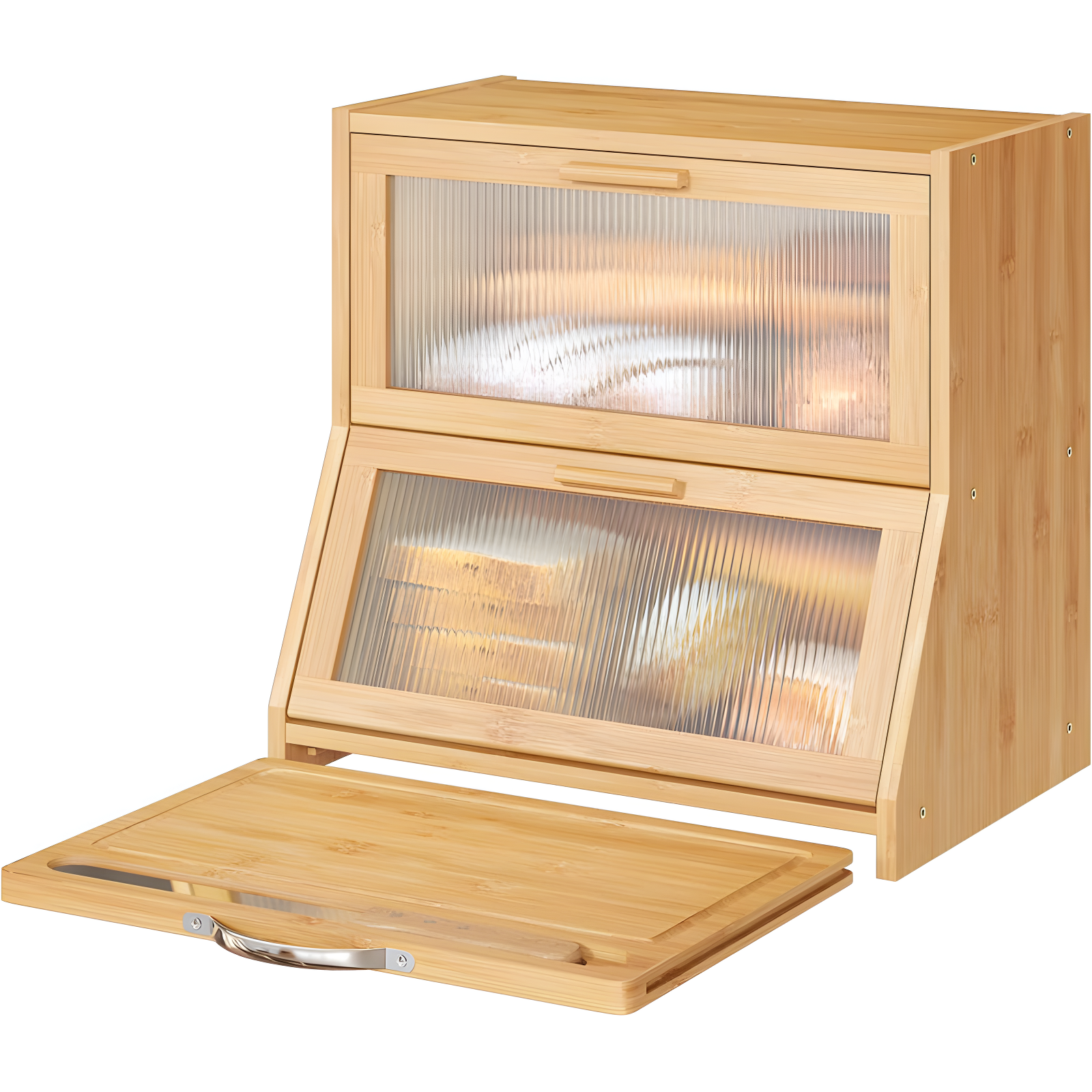 Prep & Savour Large Bread Box For Kitchen Counter, Bamboo Wooden Double Layer Large Capacity Bread Storage Bin With Acrylic Wavy Door Panel (Natural + Cutting Board)