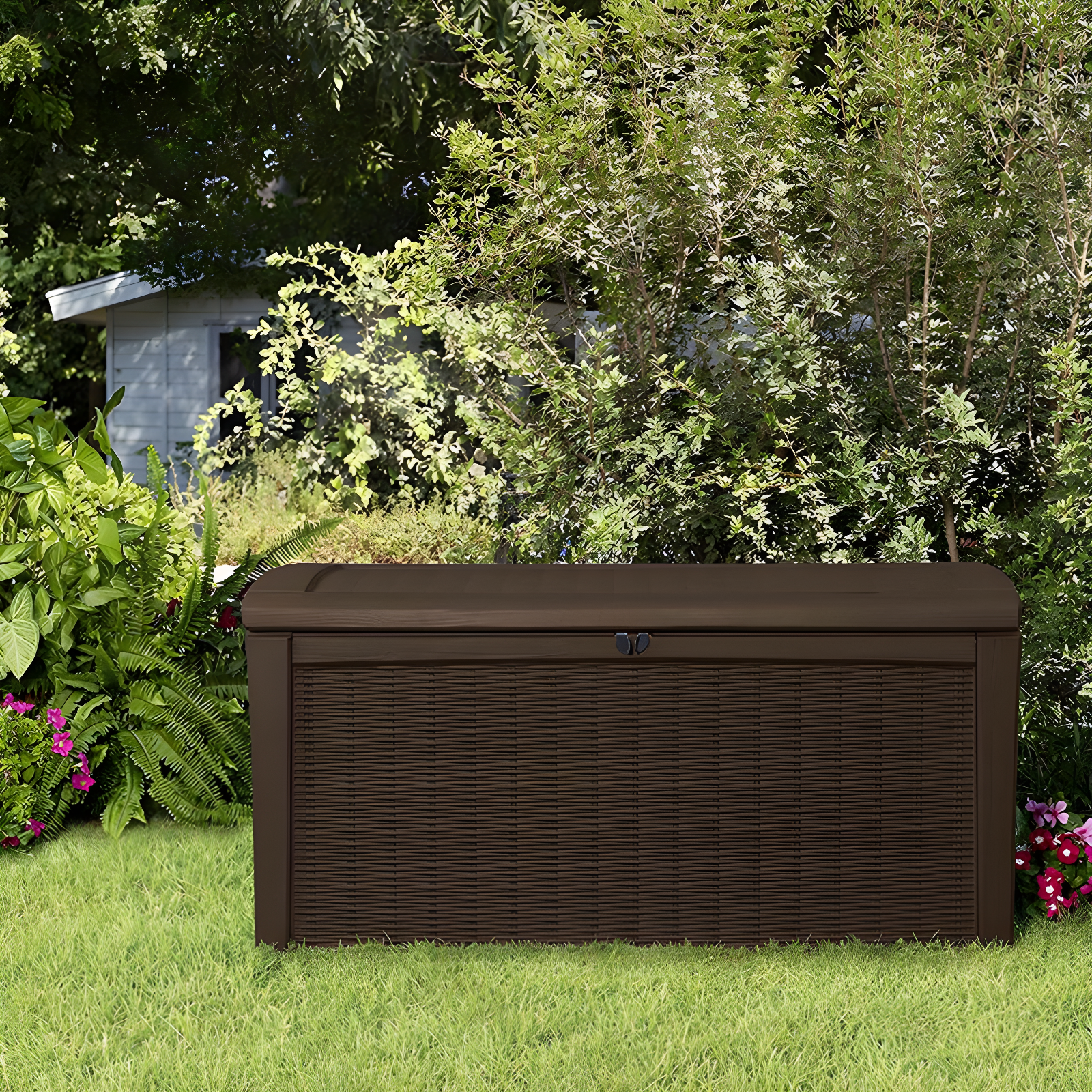 Keter Borneo 110 Gallon Rattan Wicker Resin Patio Deck Storage Box Bench