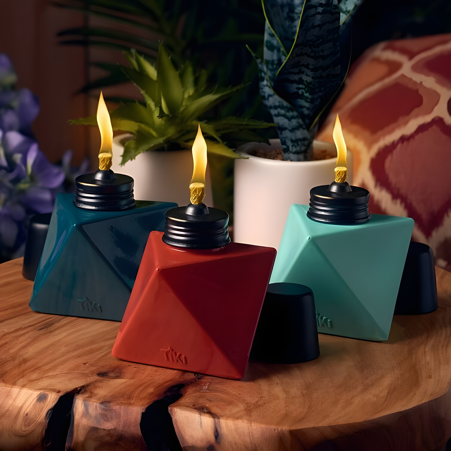 TIKI Brand TIKI® Brand 4.25 Inch Table Torch Glass Prism Blue, Teal and Red (Set of 3)