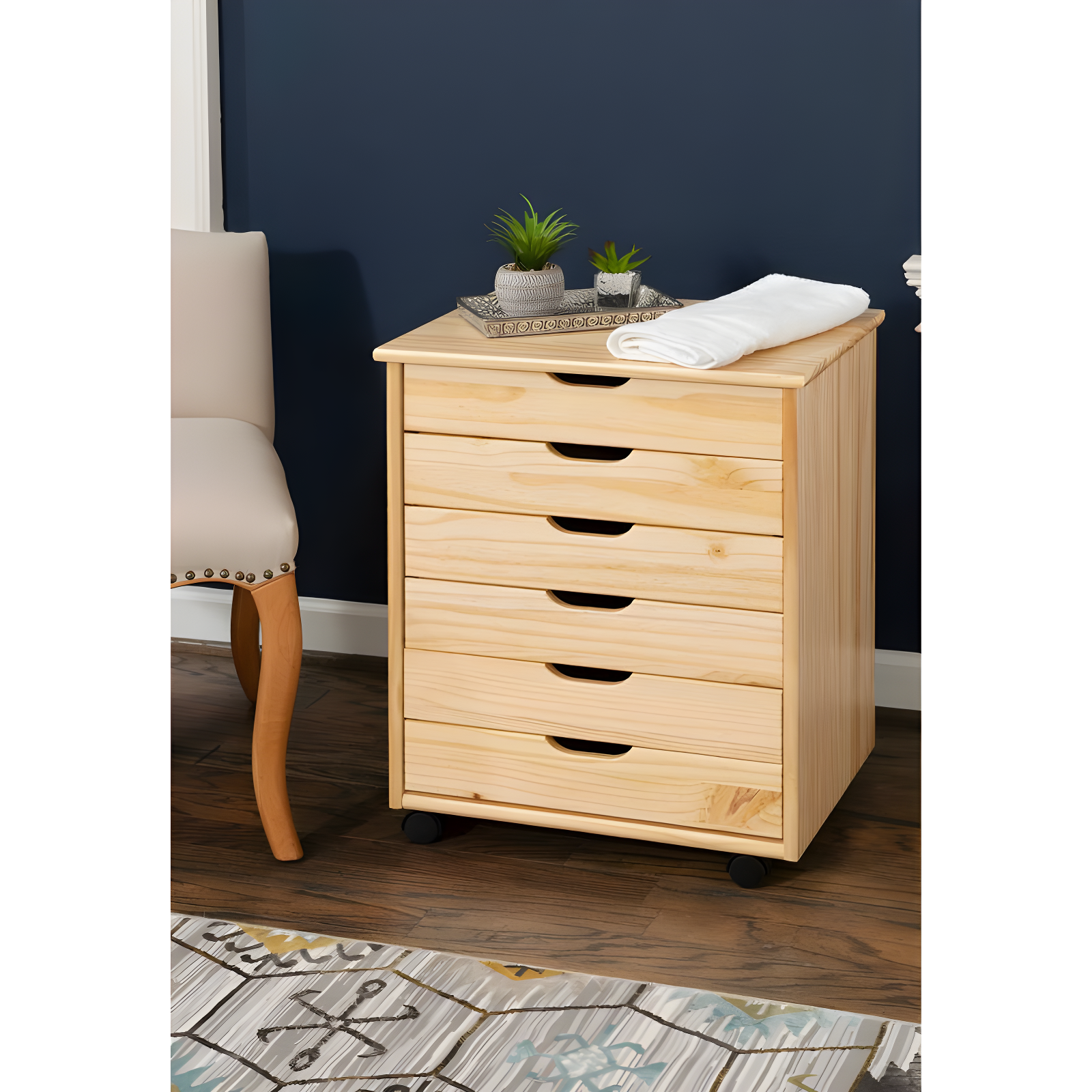 Cary Transitional 6 Drawer Solid Wood Contoured Handle Cut Out Wide Roll Cart Natural - Linon: Pine Frame, Farmhouse Style