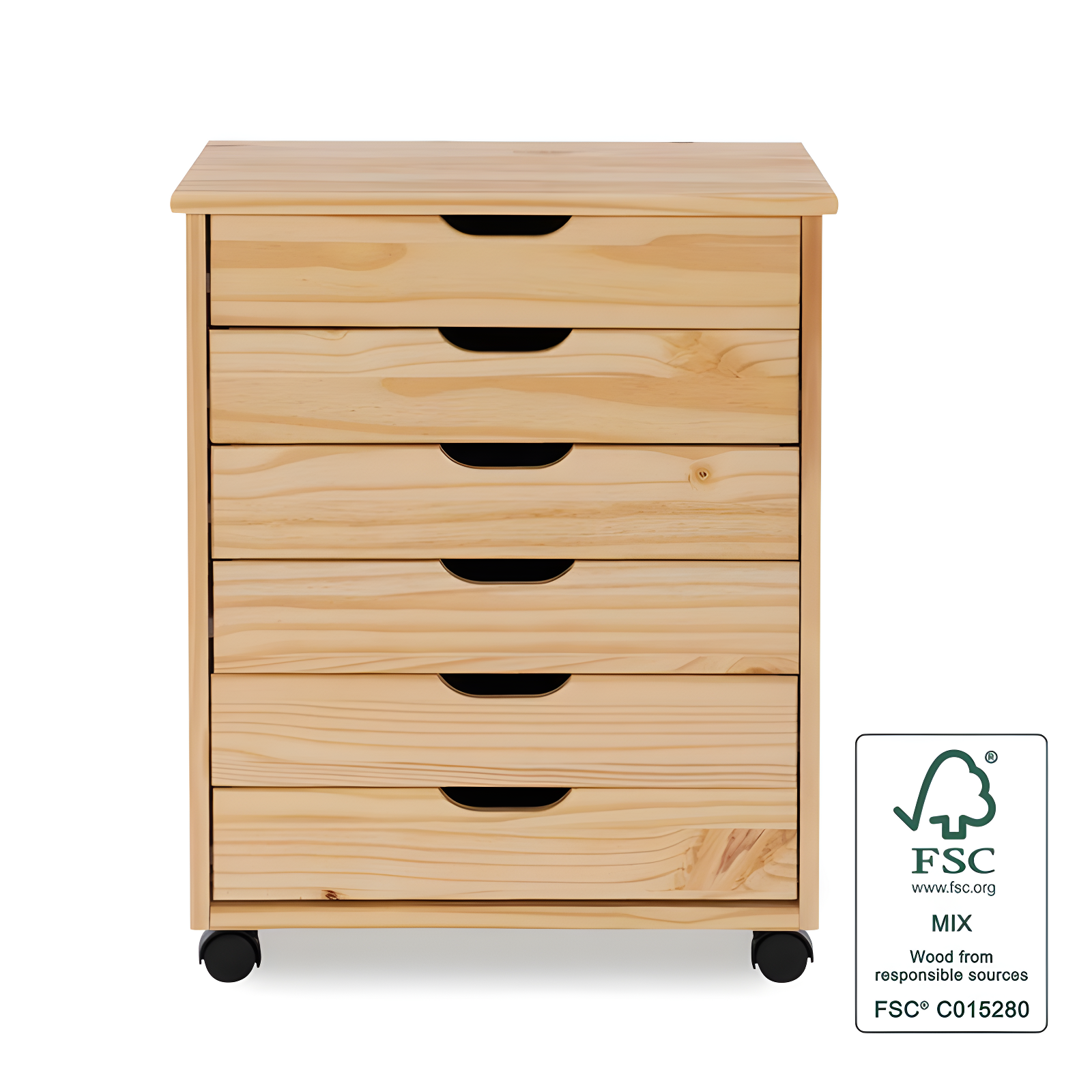 Cary Transitional 6 Drawer Solid Wood Contoured Handle Cut Out Wide Roll Cart Natural - Linon: Pine Frame, Farmhouse Style