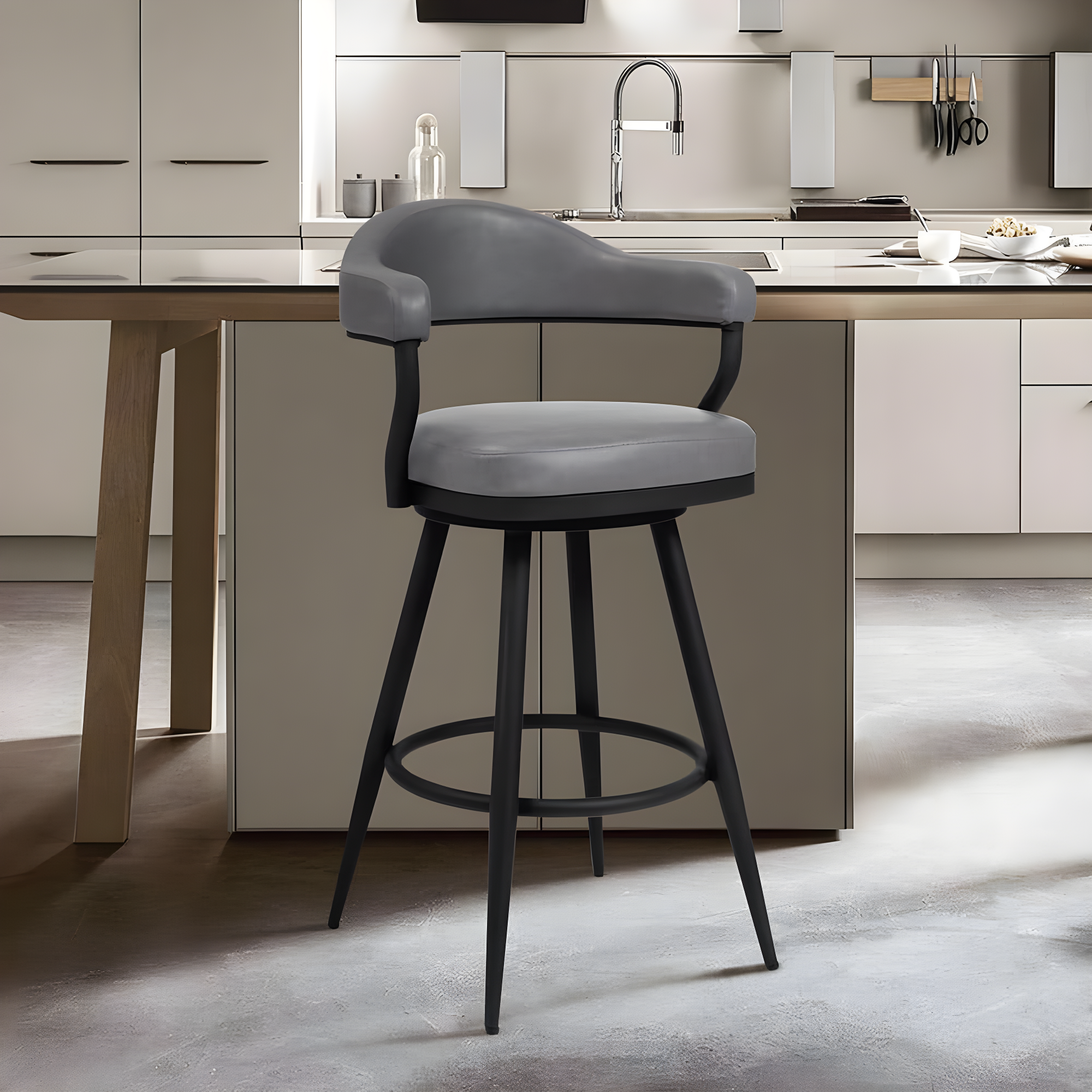 Armen Living Indoor Amador 30" Bar Height Barstool in a Black Powder Coated Finish and Vintage Gray Faux Leather