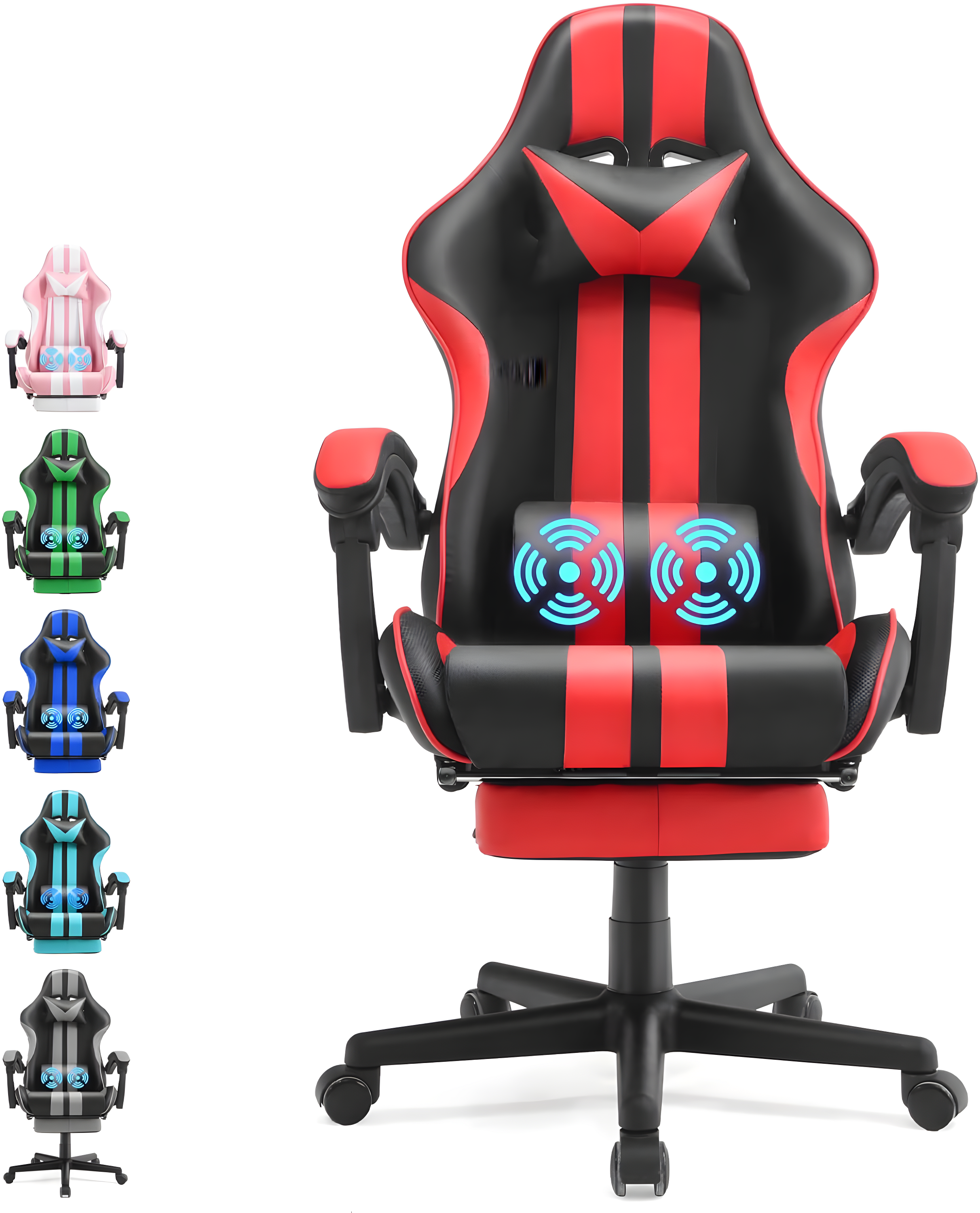 SOONTRANS Gaming Chair Massage Office Chair with Footrest, Ergonomic Swivel Gamer Chair with Lumbar Pillow & Headrest, Red