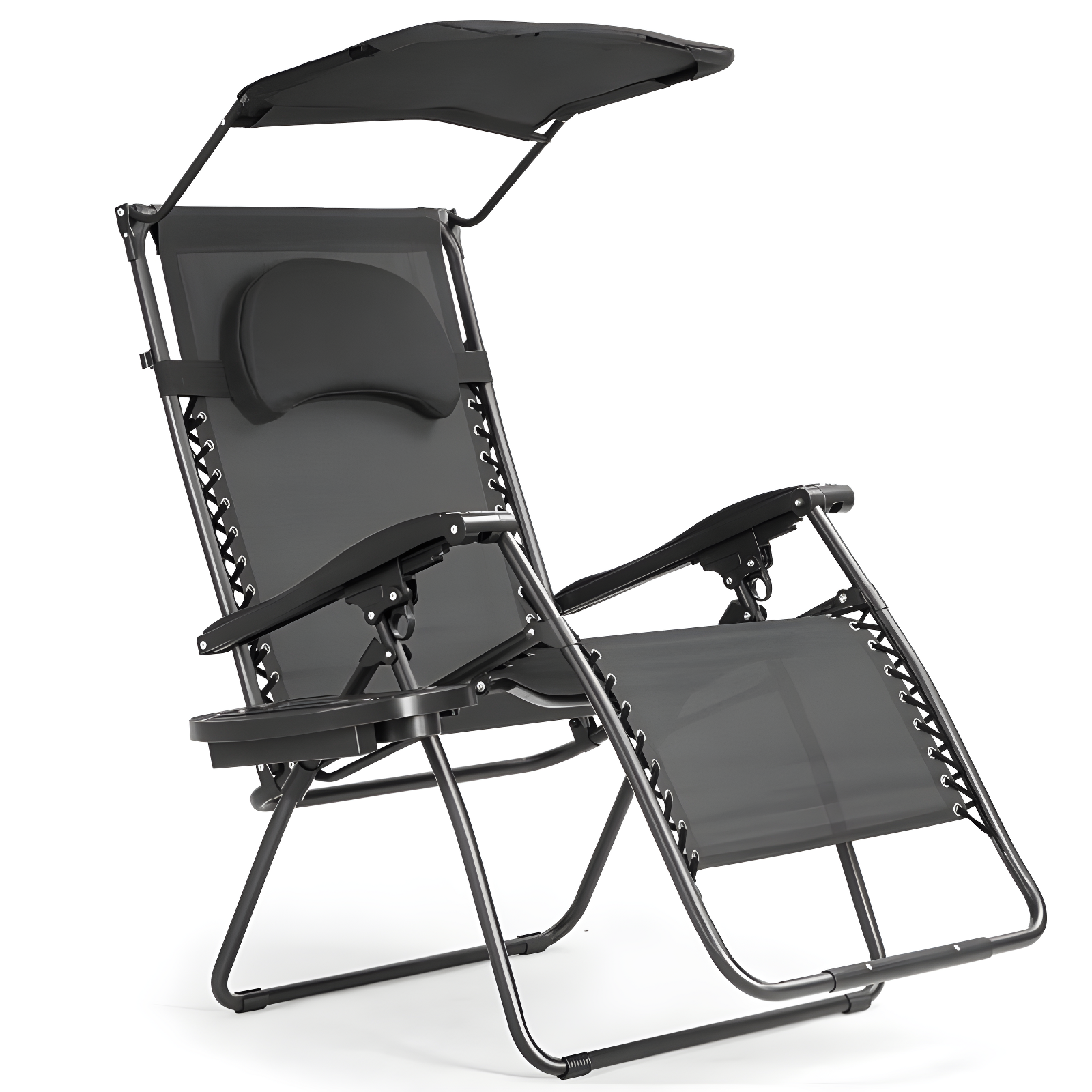 Arlmont & Co. Outdoor Folding Recliner Lounge Chair with Shade Canopy And Cup Holder