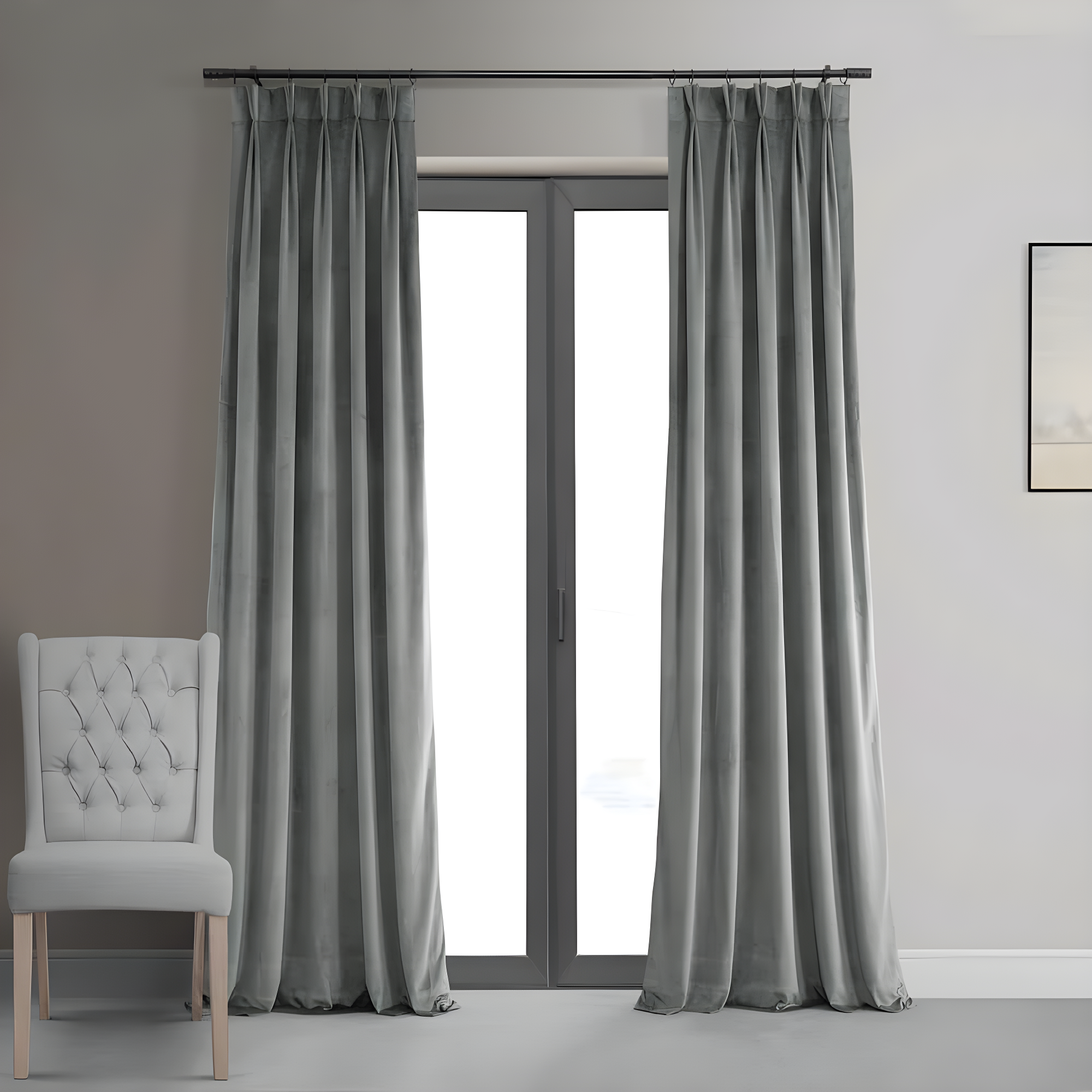 Silver Grey Velvet Pinch Pleat Blackout Curtain - 25 in. W x 96 in. L (1 Panel)