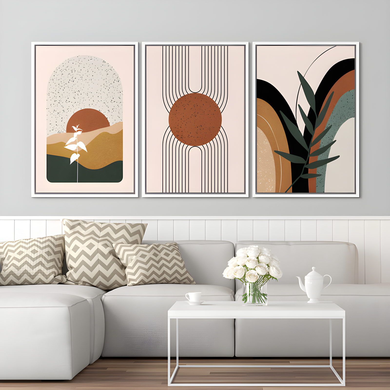 Mid Century Modern Boho IDEA4WALL Framed Canvas Print Wall Art Set Geometric Tropical Landscape Abstract Shapes Illustrations Minimalism Bohemian Decorative For Living Room, Bedroom, Office - 24"X36"X3 Natural