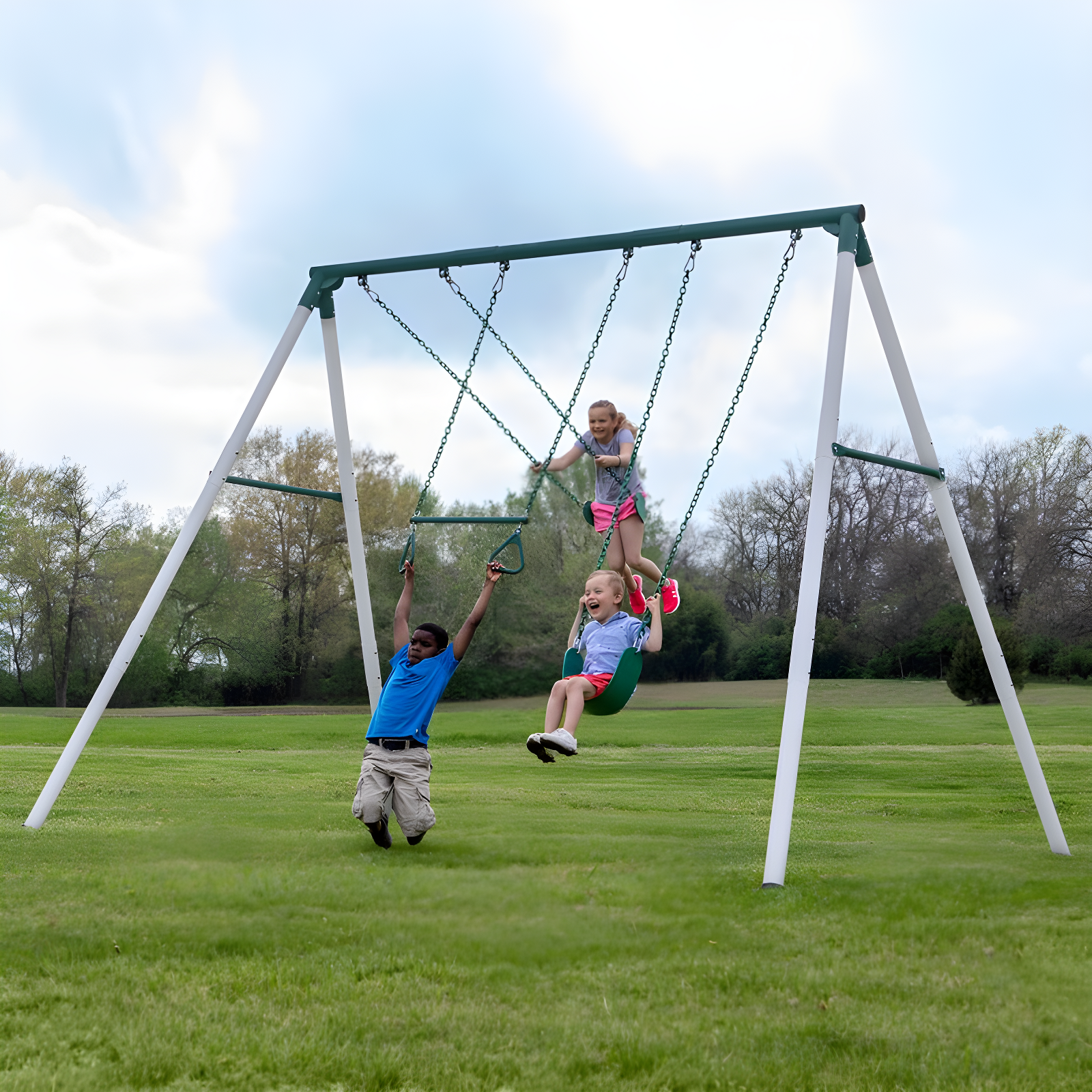 Backyard Discovery Backyard Discovery Big Brutus Galvanized Steel A-Frame Swing Set with Two Belt Swings and One Trapeze Bar