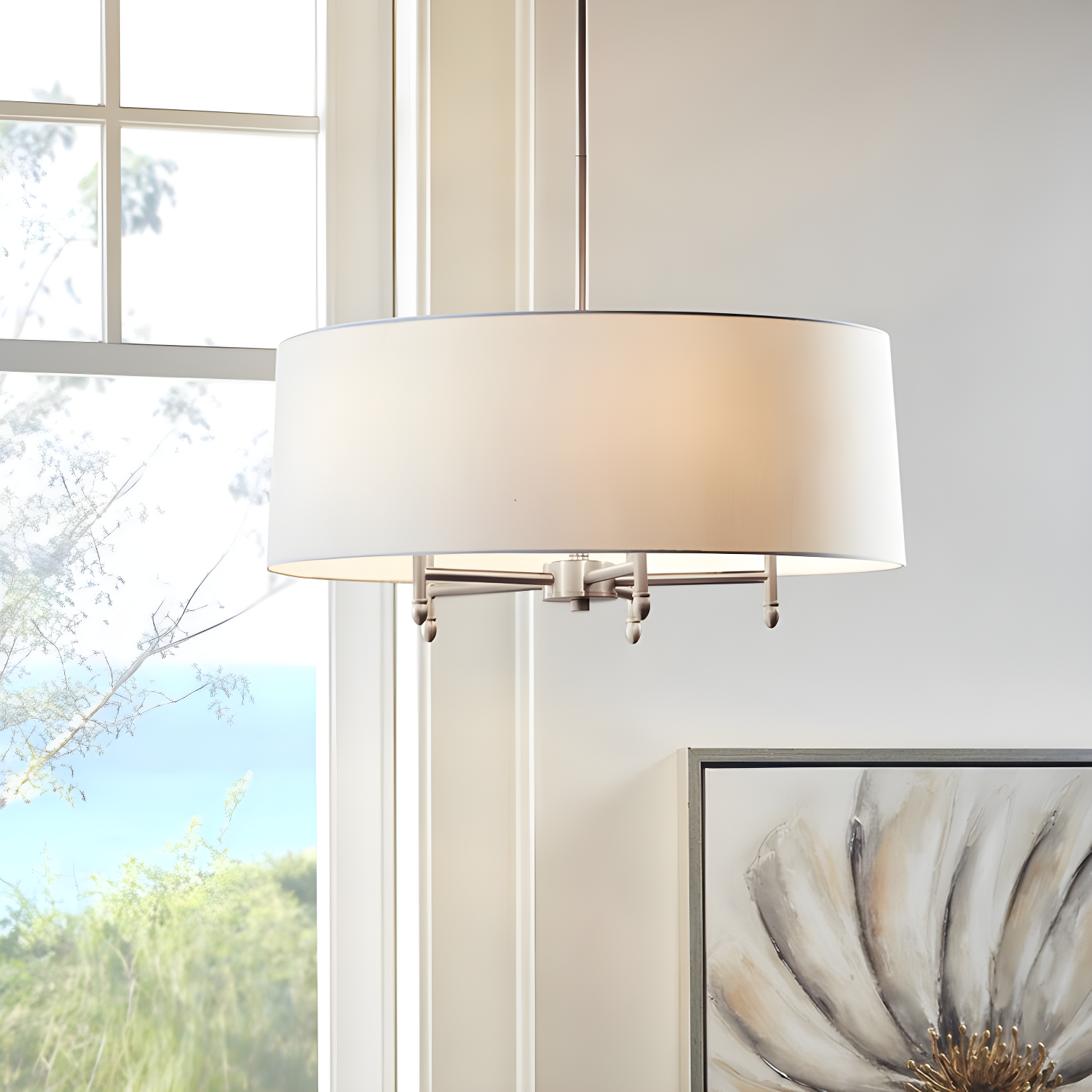 Hampton Hill Presidio 5-Light Dimmable Chandelier with Drum-shaped Fabric Shade & Adjustable Height