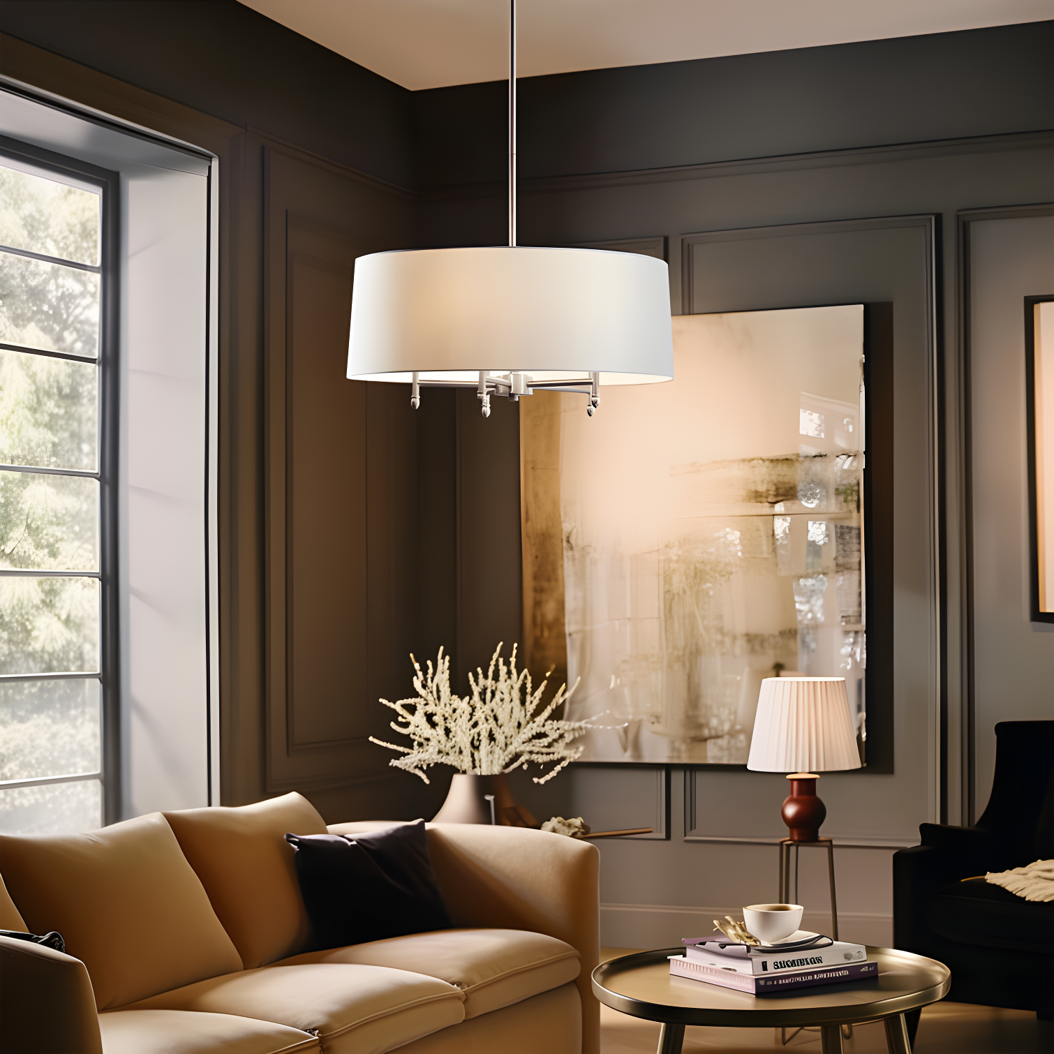Hampton Hill Presidio 5-Light Dimmable Chandelier with Drum-shaped Fabric Shade & Adjustable Height