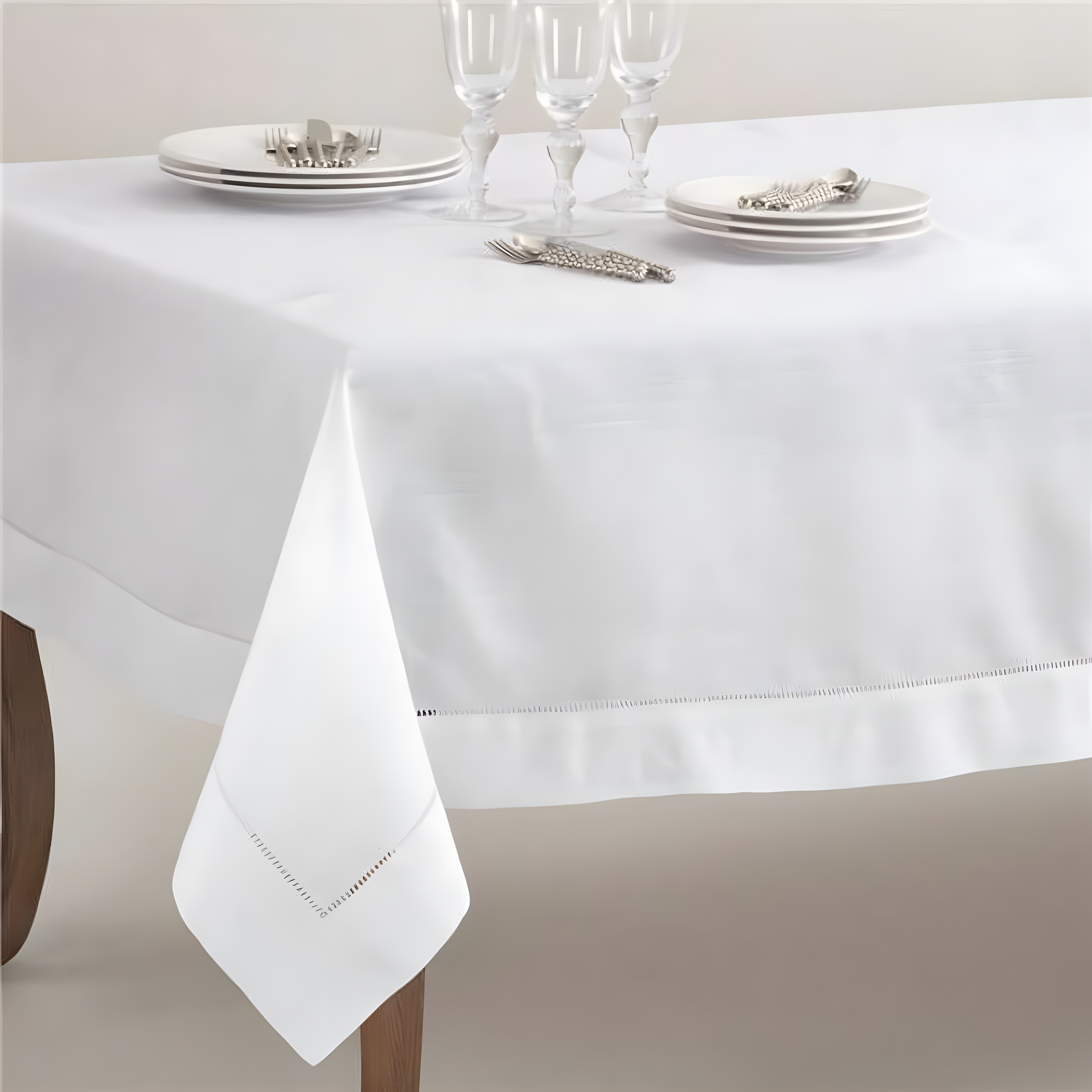 70"x120" Hemstitch Border Design Tablecloth White - Saro Lifestyle: Rectangle, Machine Washable, Solid Pattern