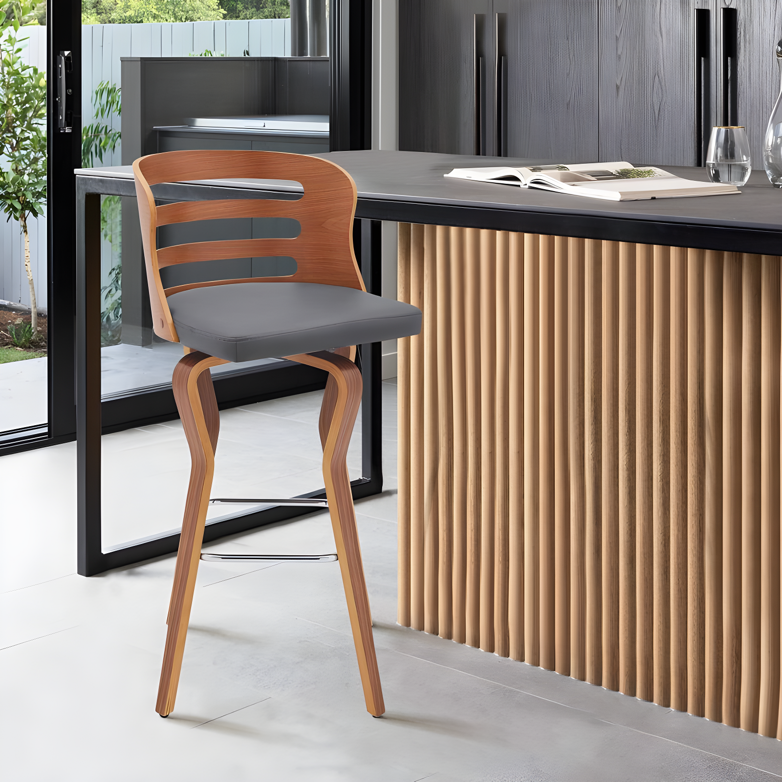 Armen Living 26" Verne Counter Height Barstool with Faux Leather and Wood Finish Walnut/Gray