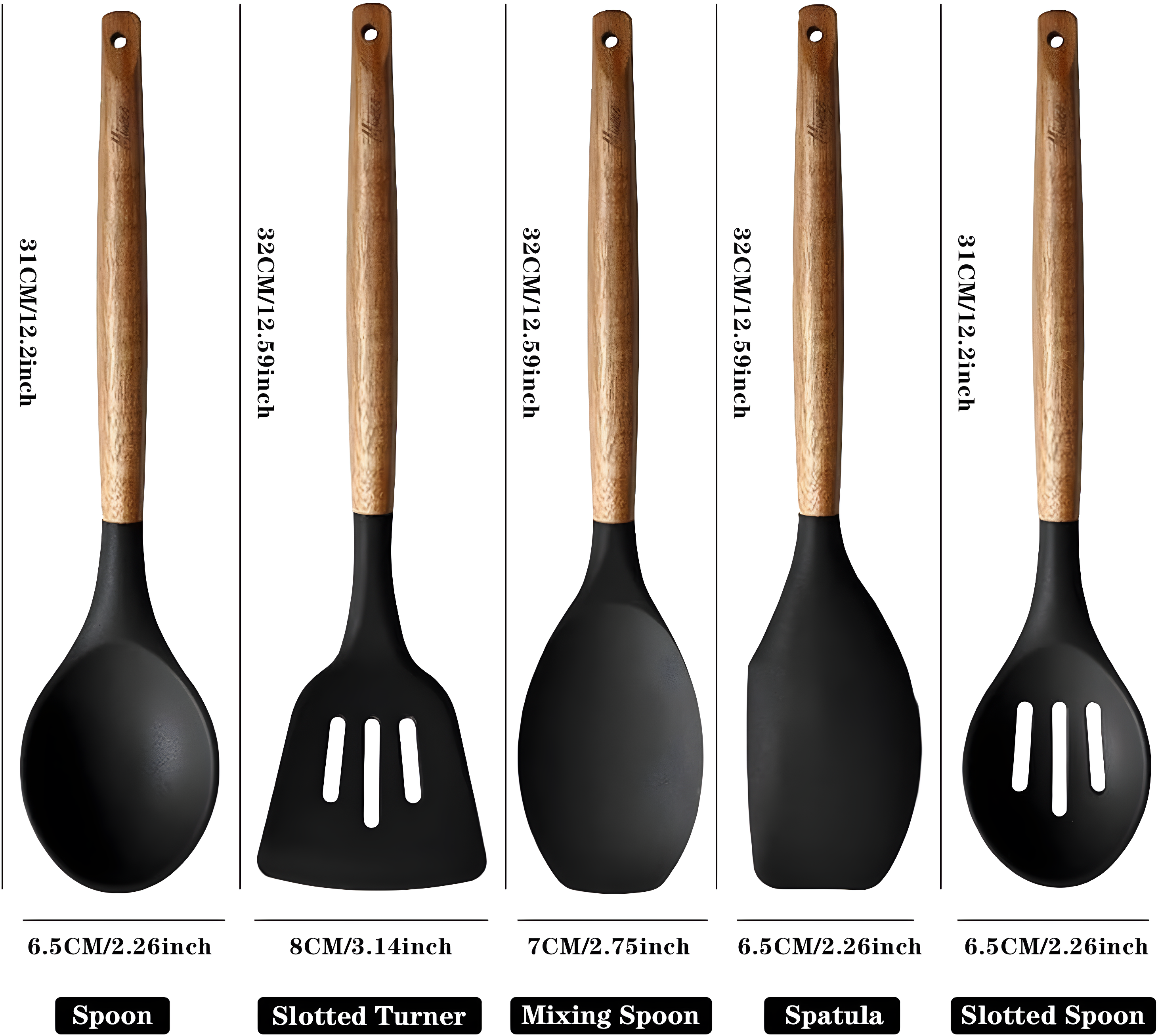 Kitchen Utensils Set, Silicone Cooking Utensils Set,Non-Stick Silicone Spatula Set with Natural Acacia Hard Wood Handle, 5 Piece, Upgraded Thickened Cookware