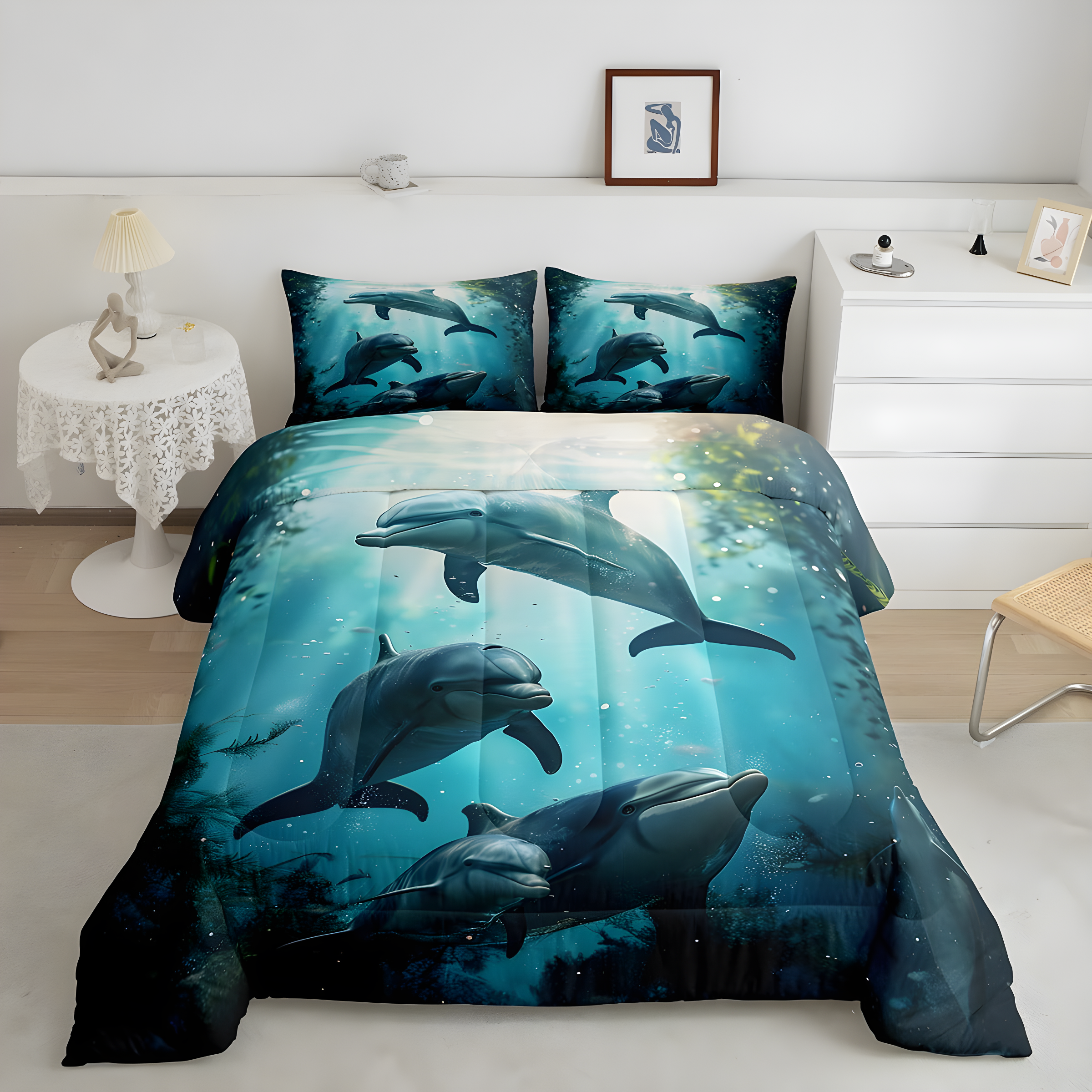 Erosebridal Dolphin Bedding Set Cute Dolphin Jumping Teal Blue Ocean Animal Comforter Set Dolphin Sea Animal Bedding Comforter Sets Queen Size - 1 Comforter with 2 Pillowcases