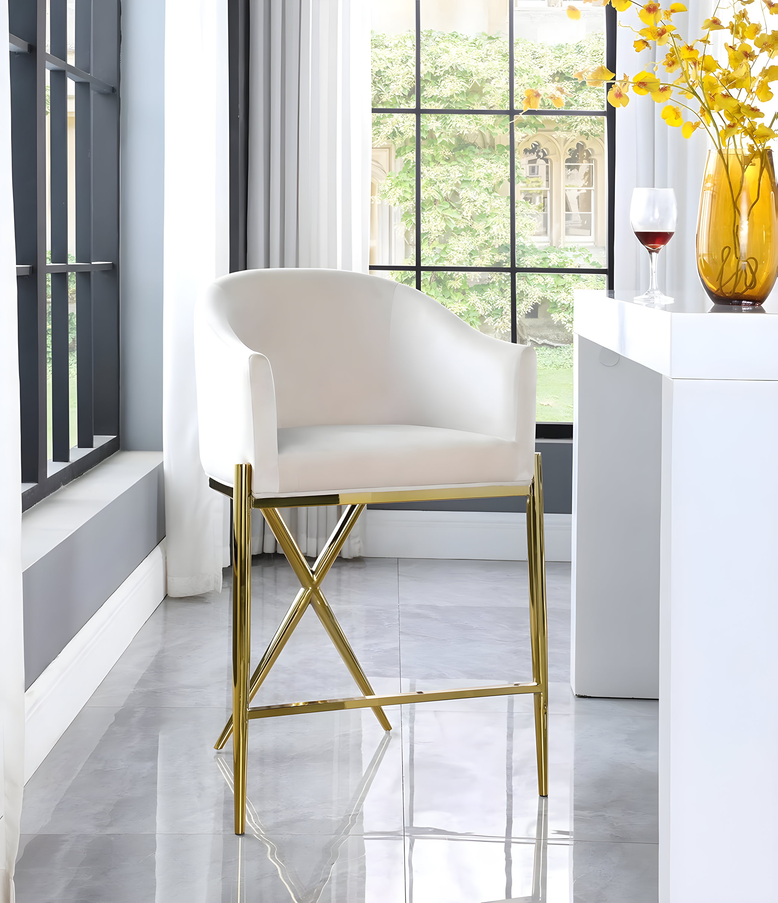 Meridian Furniture 867Cream-C Xavier Collection Velvet Upholstered Counter Stool with Sturdy Gold Metal Legs, Cream, 23.5" W x 22.5" D x 38" H