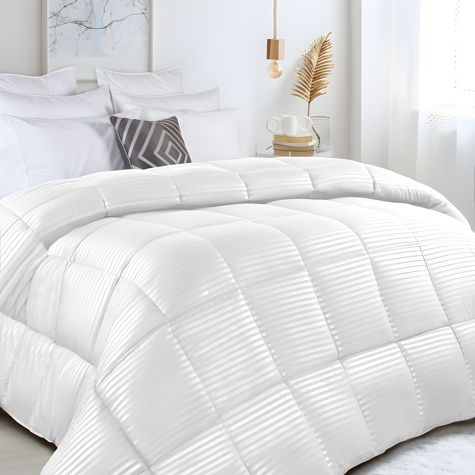 Striped Reversible Box-Quilt Brushed Microfiber Medium Weight Down Alternative Comforter