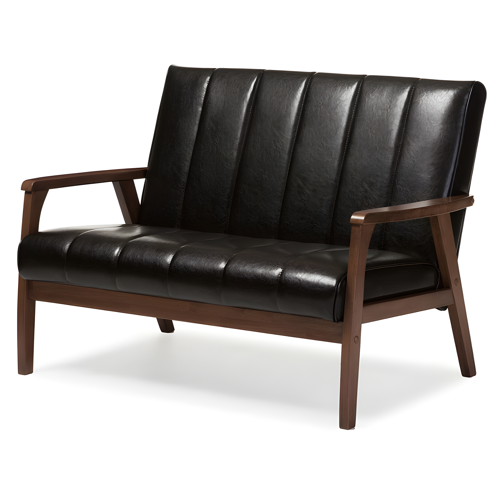 Nikko Mid-Century Modern Scandinavian Style Faux Leather Wooden 2 Seater Loveseat Dark Brown - Baxton Studio: Compact, Rubberwood Frame, Easy to Clean