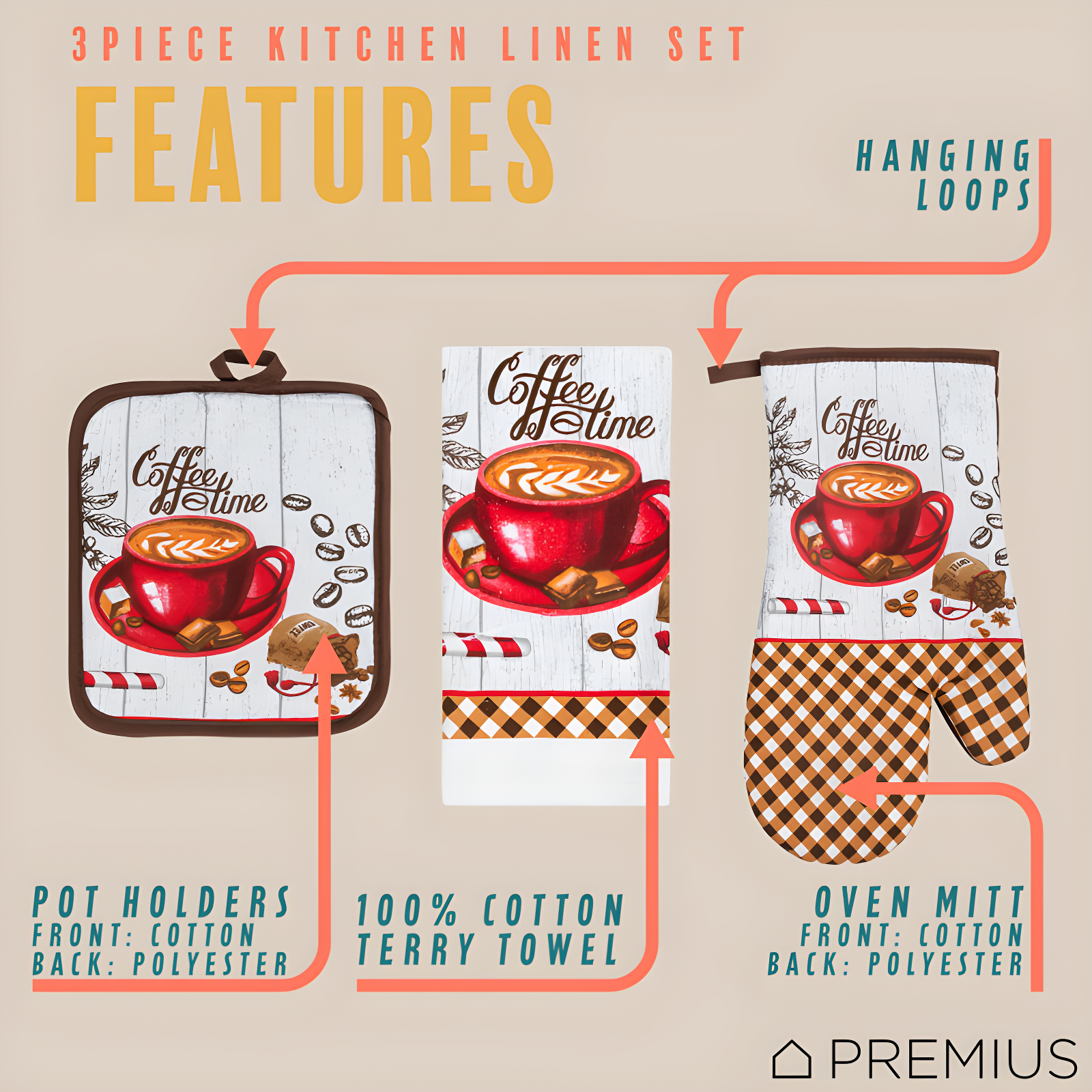 Premius PREMIUS 3 Piece Printed Kitchen Linen Set, Coffee Time, 1 Cotton Towel, 1 Pot Holder, 1 Oven Mitt