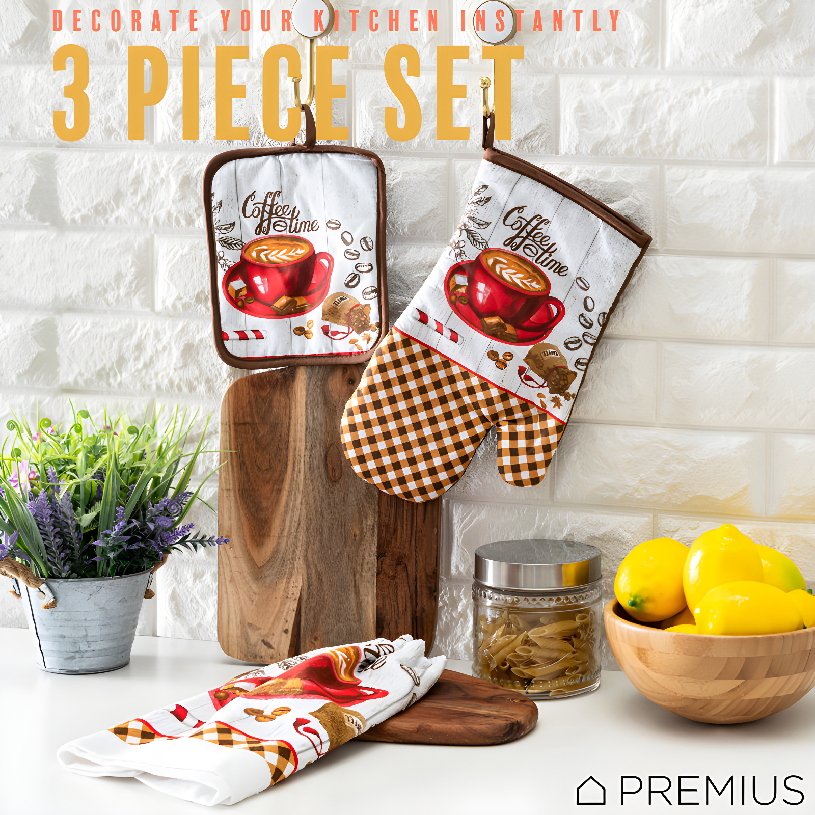 Premius PREMIUS 3 Piece Printed Kitchen Linen Set, Coffee Time, 1 Cotton Towel, 1 Pot Holder, 1 Oven Mitt