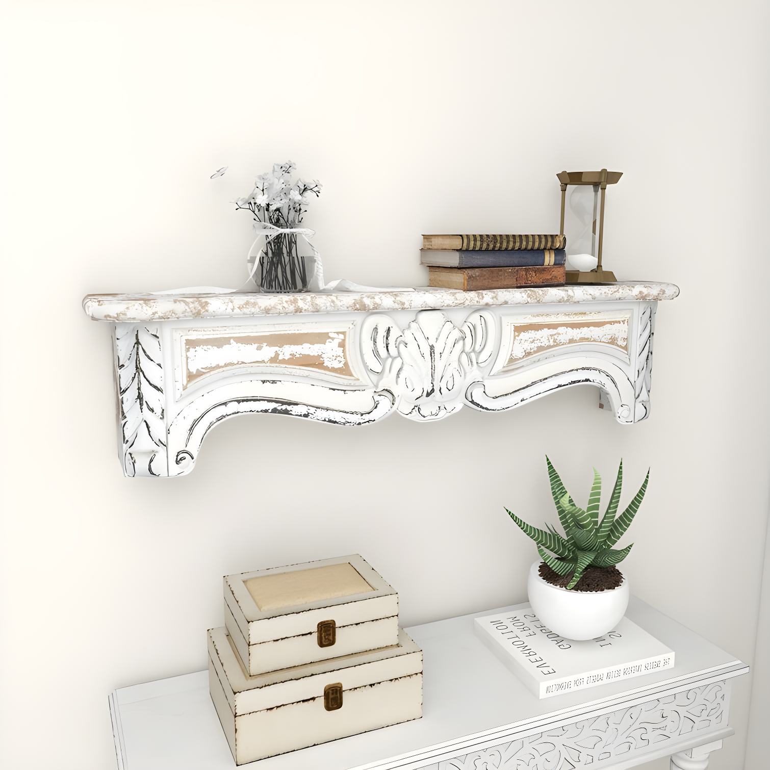 One Allium Way® Goodland White Wood 1 Shelf Scroll Wall Shelf 36" x 6" x 9"