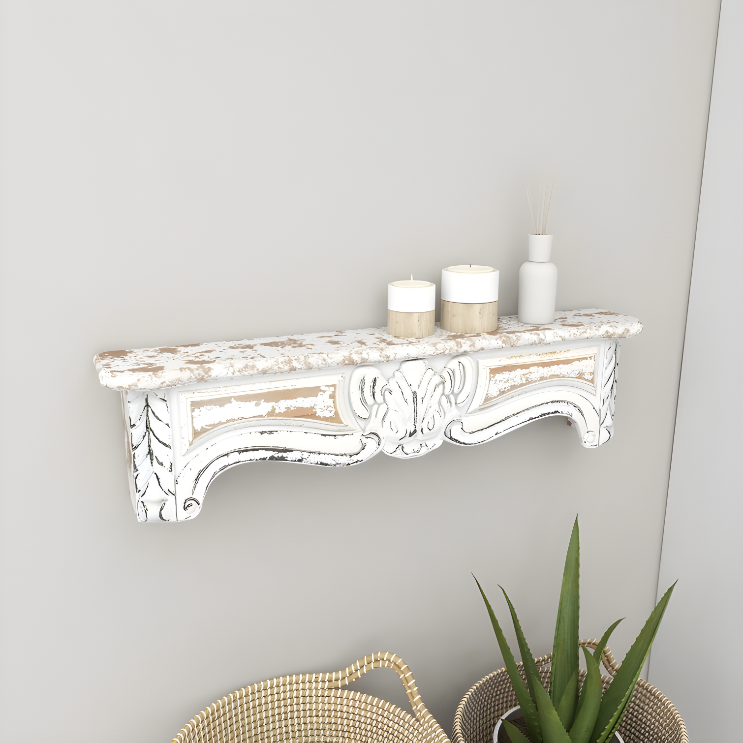 One Allium Way® Goodland White Wood 1 Shelf Scroll Wall Shelf 36" x 6" x 9"