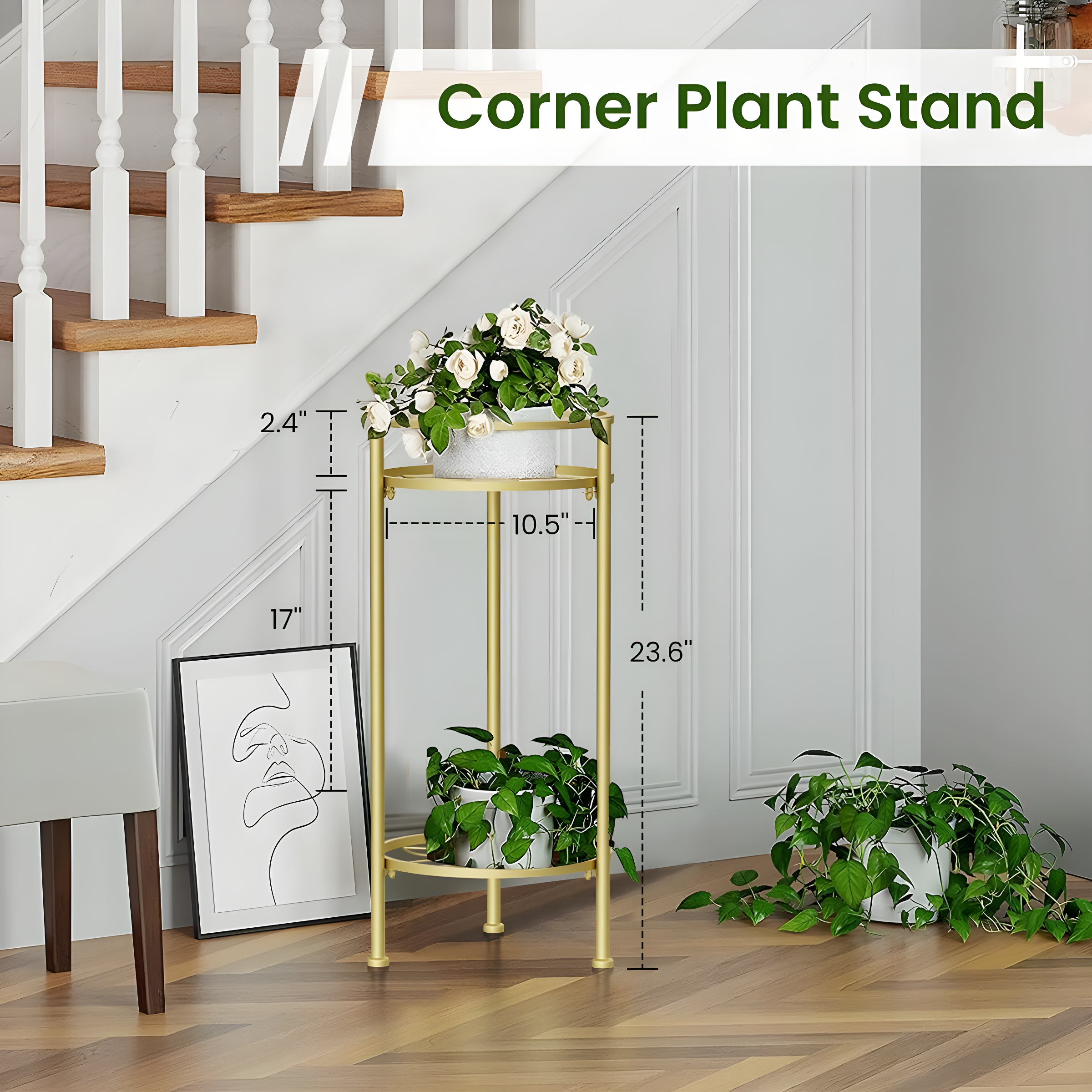 H HOMEXIN Plant Stand Indoor, 2 Tier Metal Tall Plant Stands 23.4" Multiple Plant Rack Holder, Heavy Duty Rustproof Flower Shelf Display for Apartment Corner Home Garden Patio