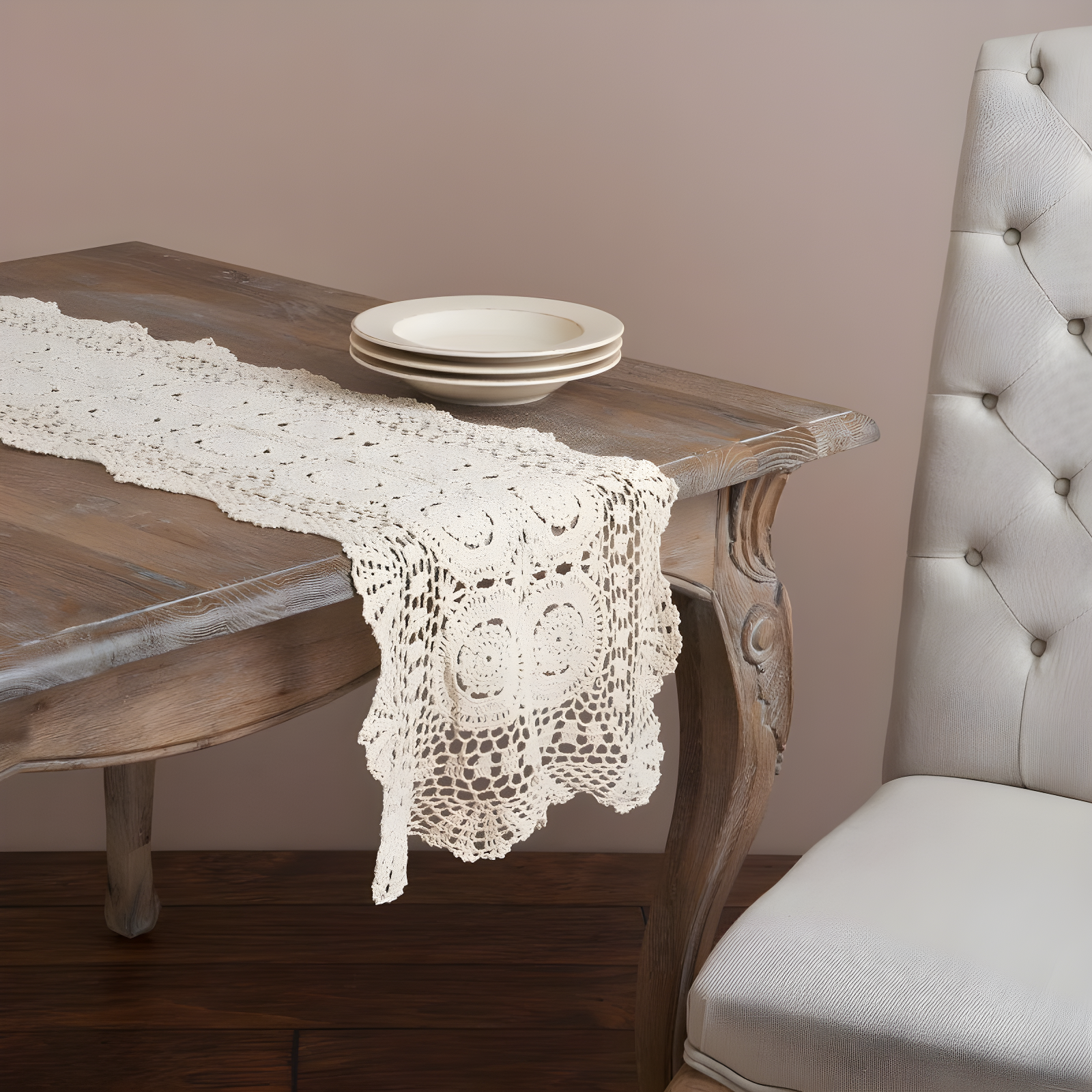 Saro Lifestyle Handmade Crochet Cotton Lace Table Linens, Ecru, 16" x 72"