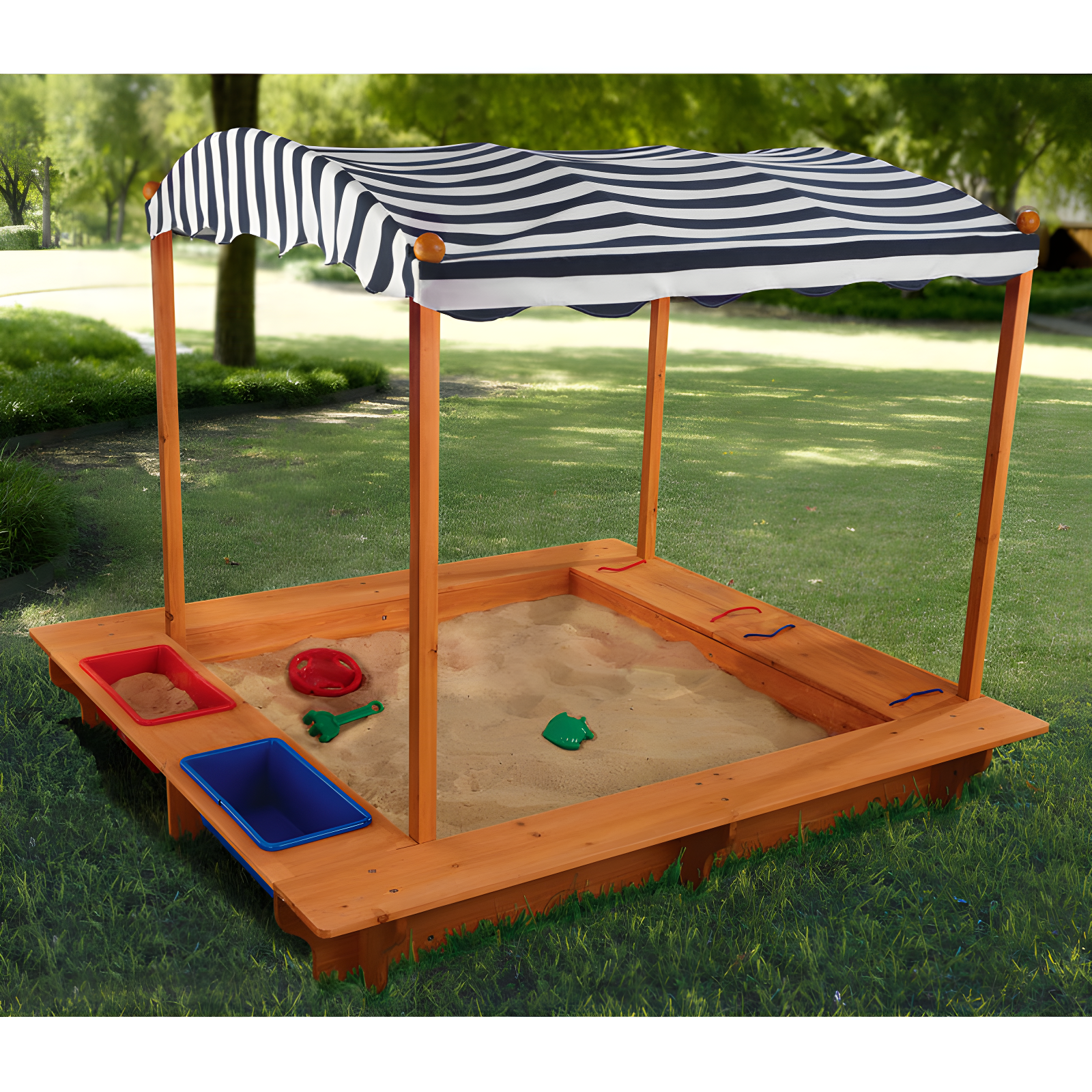 KidKraft Outdoor Covered Wooden Sandbox with Bins and Striped Navy & White Canopy