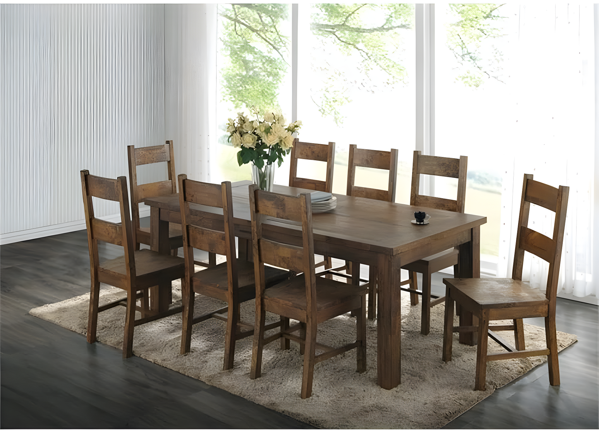 Rustic Golden Brown 9-Piece Dining Set with Ladder-Back Chairs