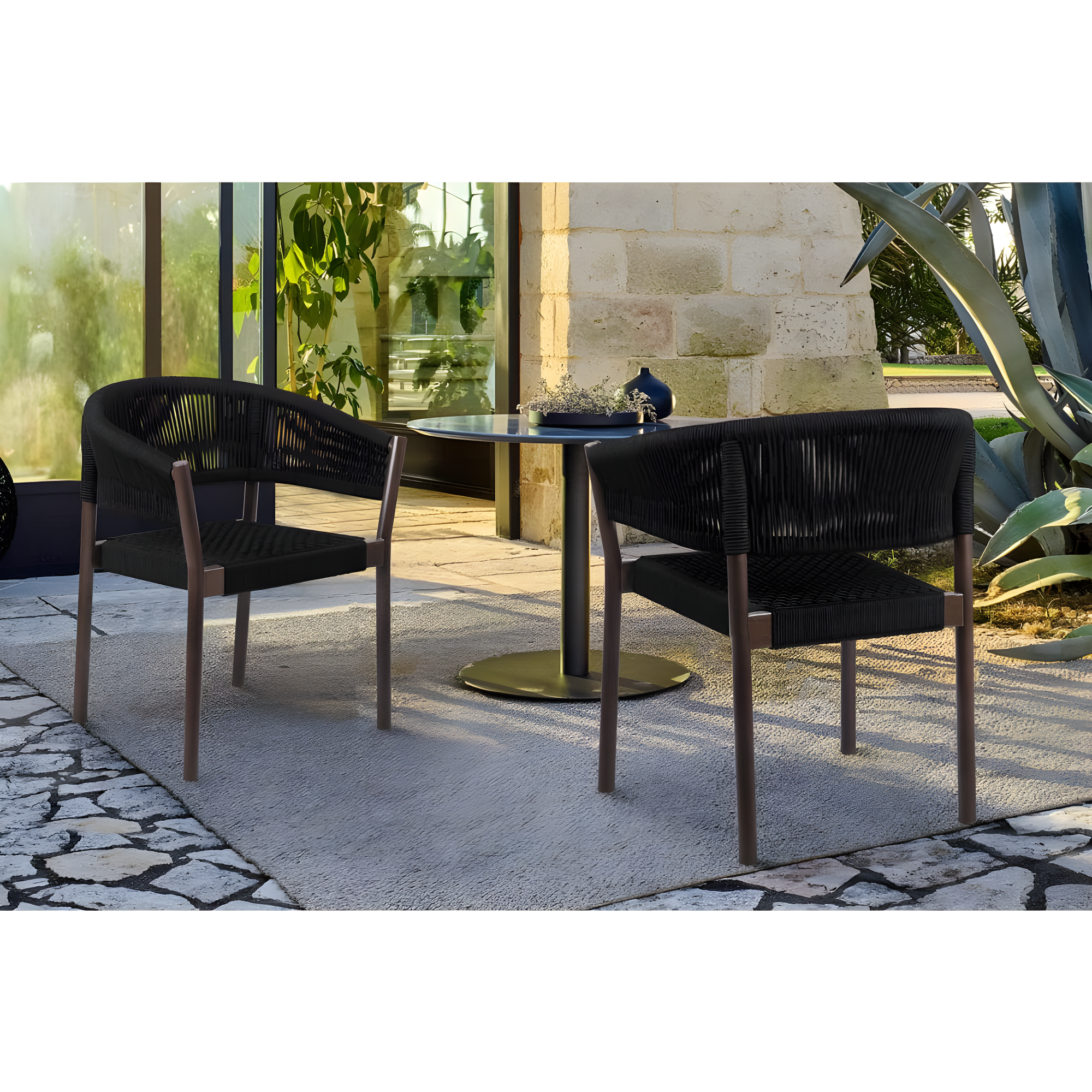 Doris Outdoor Patio Dining Chair in Dark Eucalyptus Wood with Black Rope - Set of 2