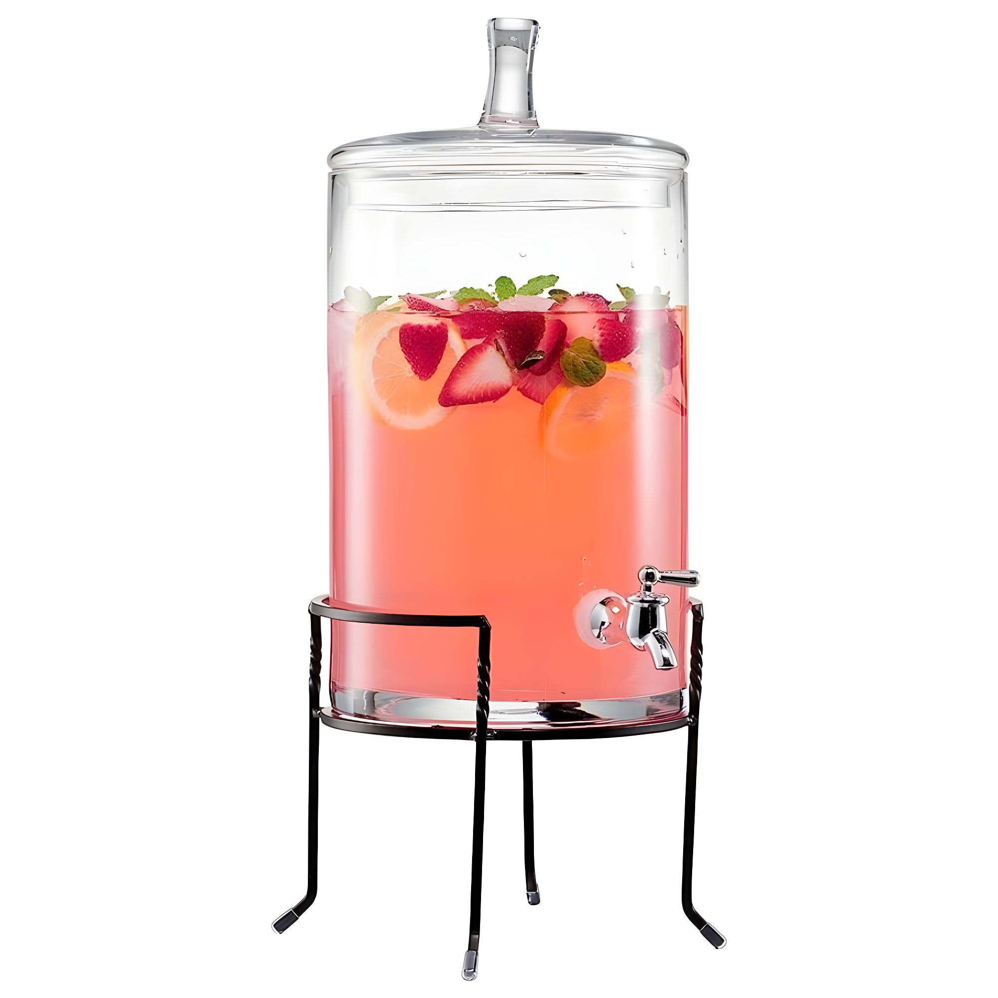 Fifth Avenue Crystal, Round, Clear Glass Beverage Dispenser with Spigot and Metal Stand, 2.5 Gallon