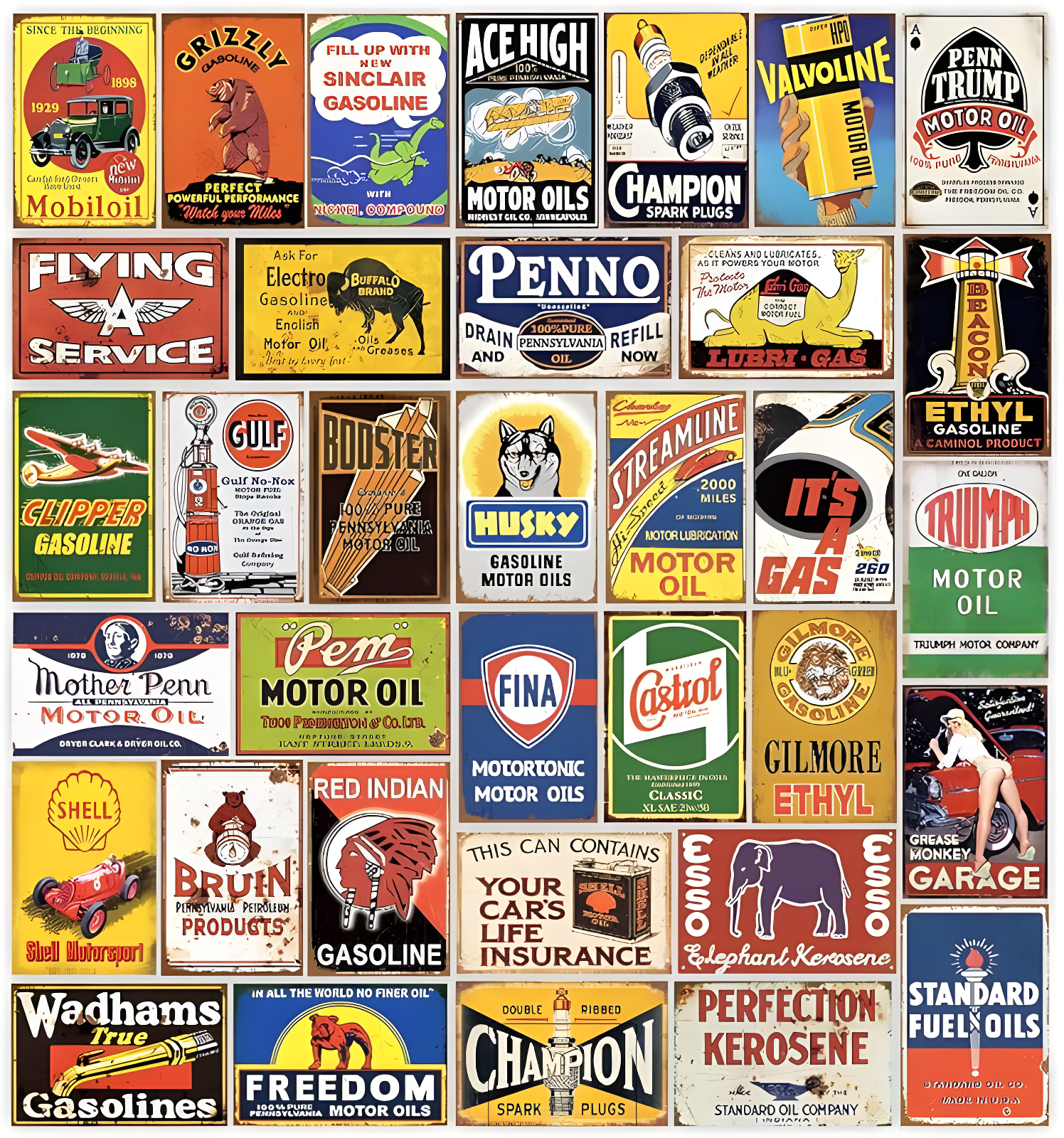 Reproduced Vintage Tin Sign Pack, Gas Oil Retro Advert Antique Metal Signs for Garage Man Cave Bar Kitchen, Nostalgic Car Decor, 8x12 Inch (35 Pieces A)