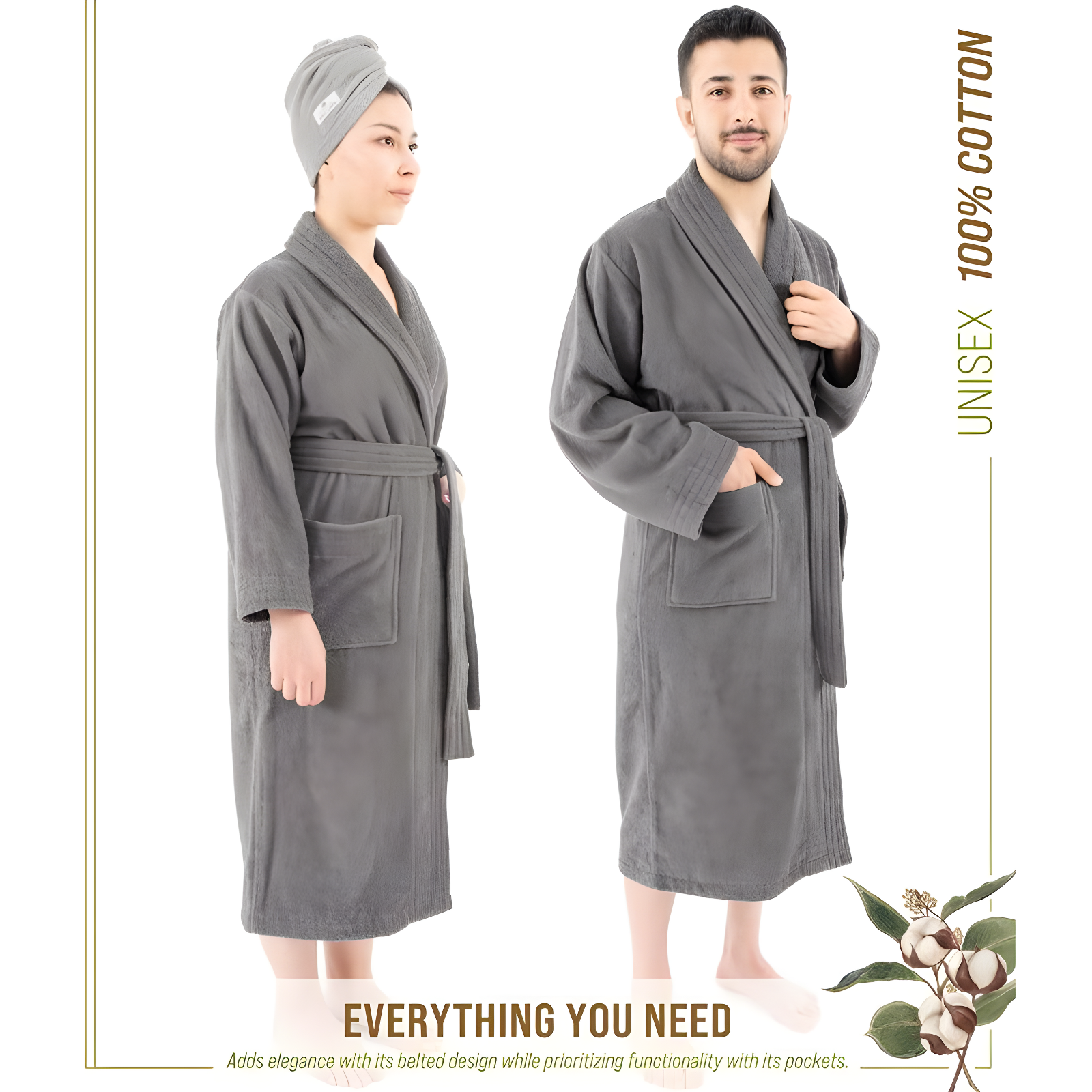 American Soft Linen, 100% Cotton Robes for Women and Men, 1 Piece Soft Lightweight Adult Couple Bathrobes, Medium - Gray