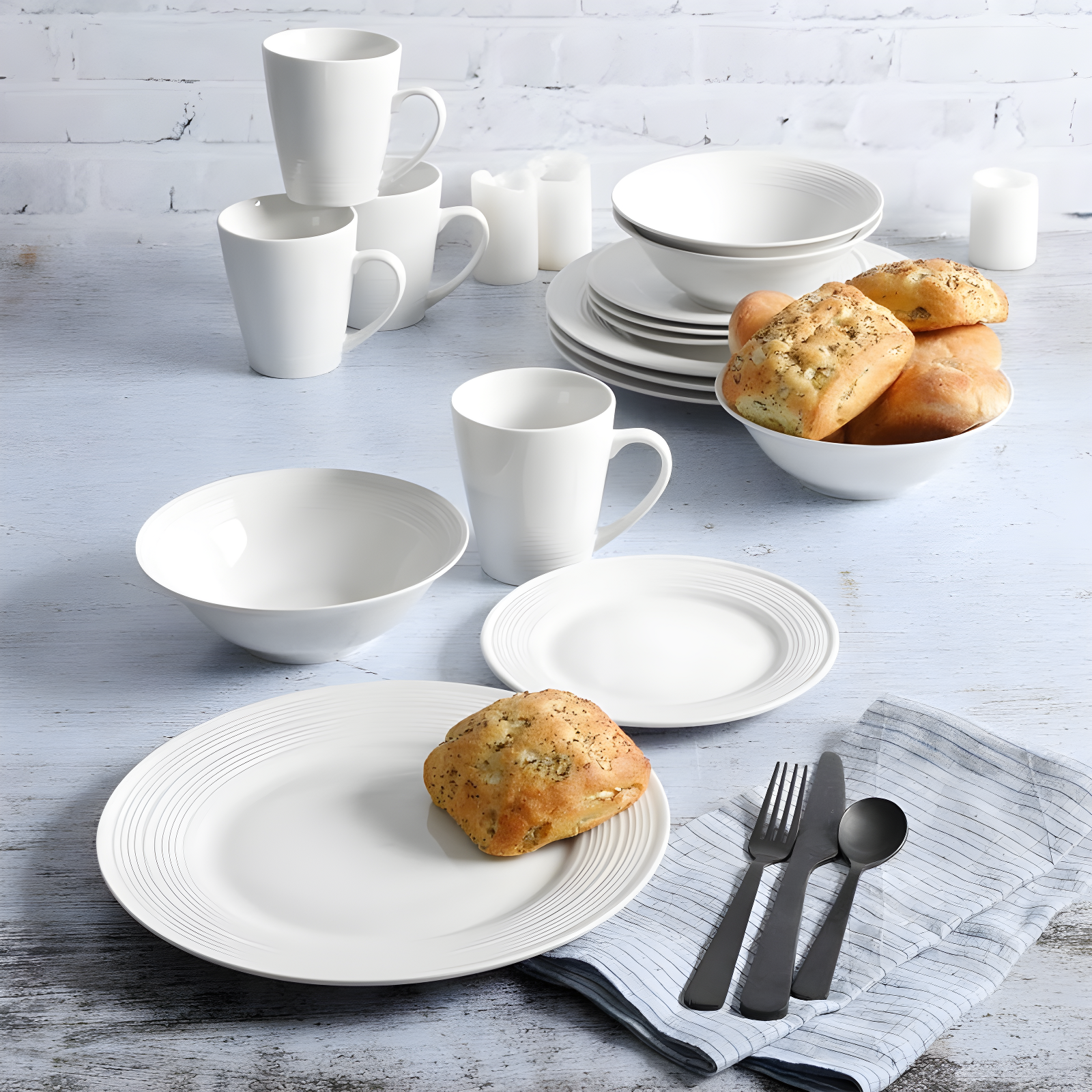 Gibson Home Embossed Buffet 16 Piece Ceramic Dinnerware Set in White