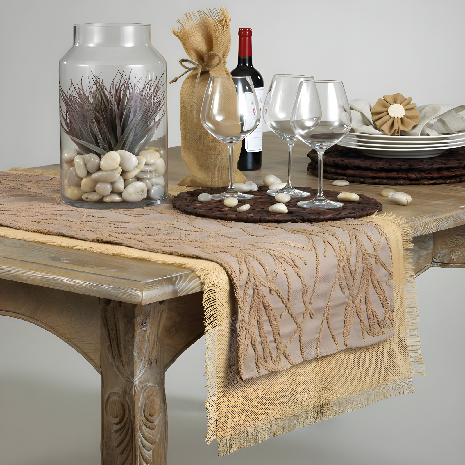 Fringed Jute Runner Natural (20"x70"): Saro Lifestyle, Woven Texture, Playful Edges, Rustic Charm