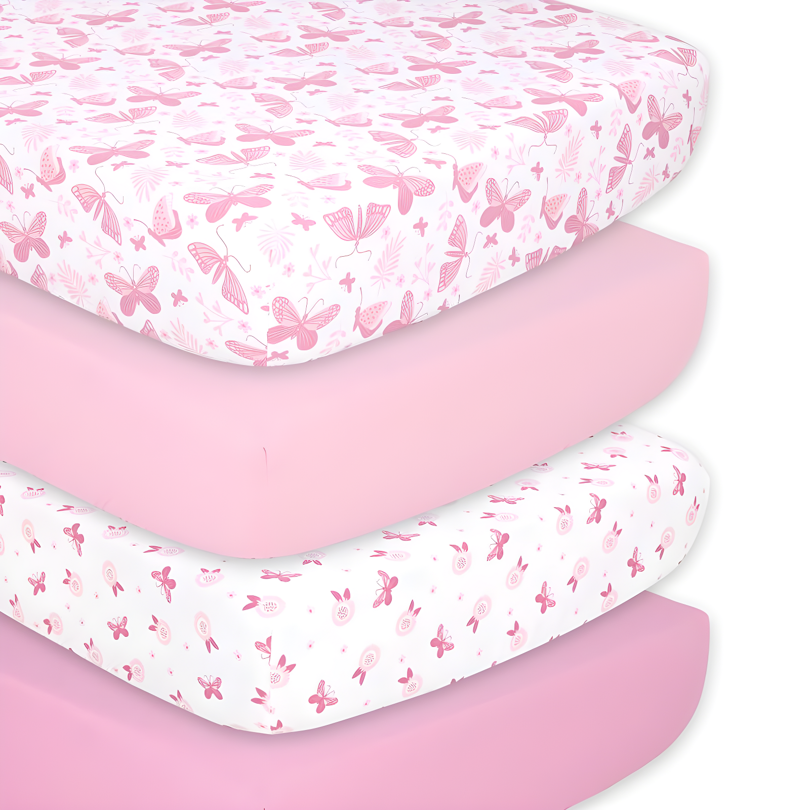 The Peanutshell Pink Butterfly 4-Pack Crib Fitted Sheet Set in Pink/White