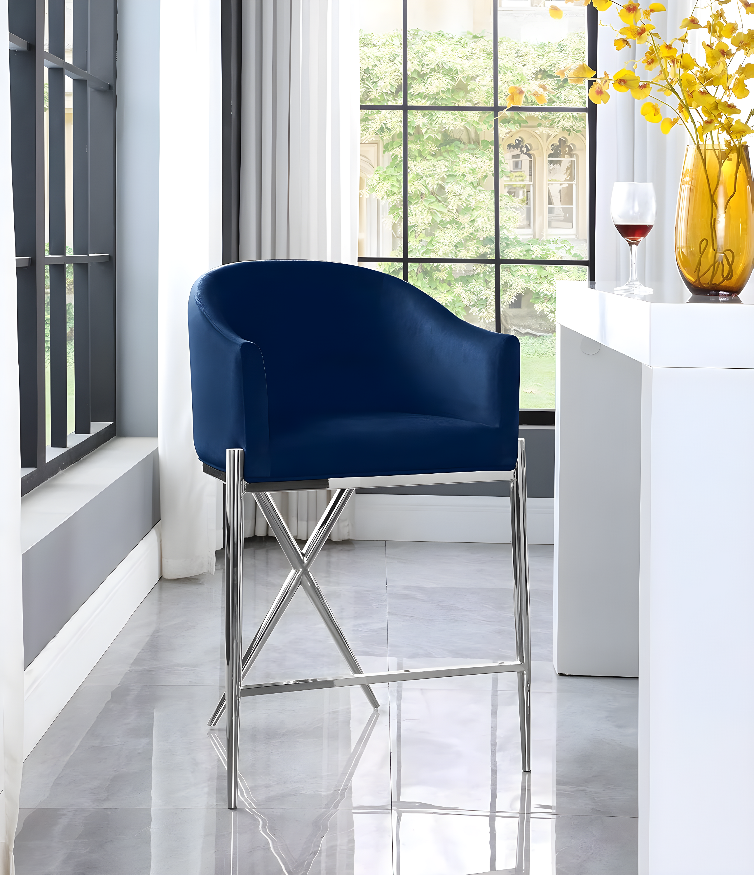 Xavier Navy Velvet Counter Stool with Chrome Metal Legs