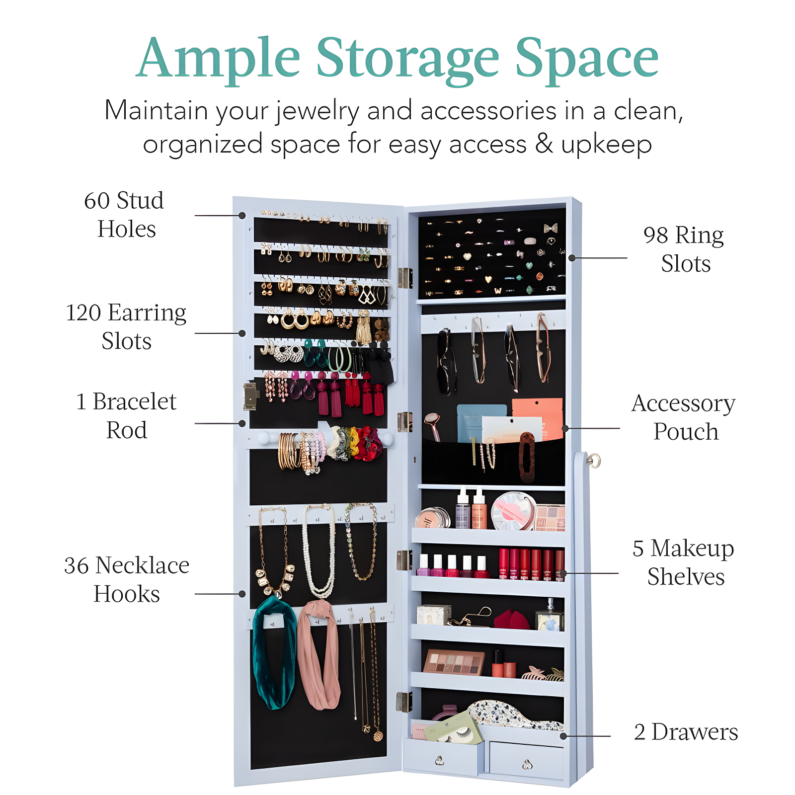 Best Choice Products Jewelry Armoire Cabinet, Full Length Mirror w/ Velvet Storage Interior, Lock - Powder Blue