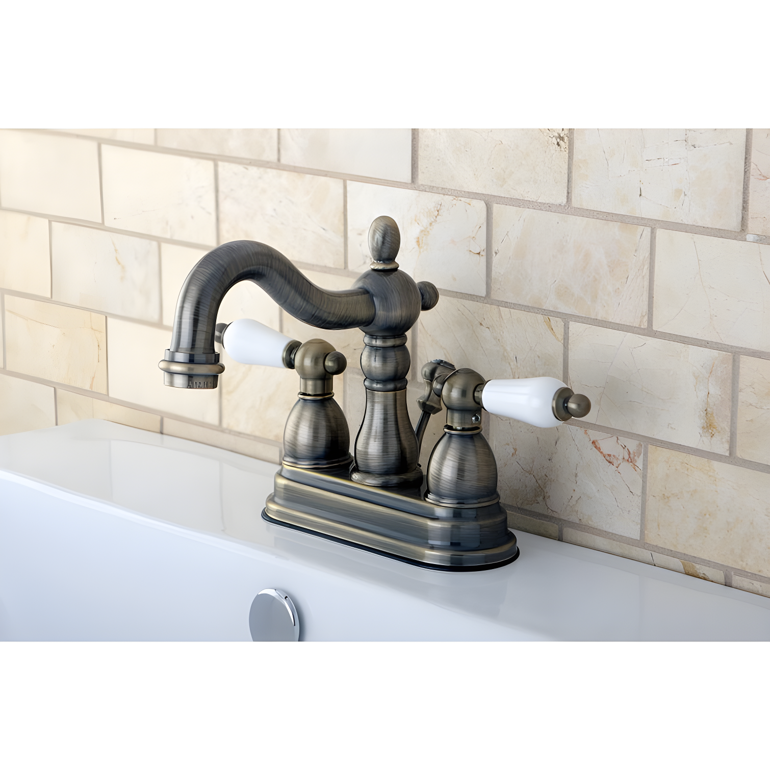 Kingston Brass Heritage Two-Handle 3-Hole Deck Mount 4" Centerset Bathroom Faucet with Plastic Pop-Up