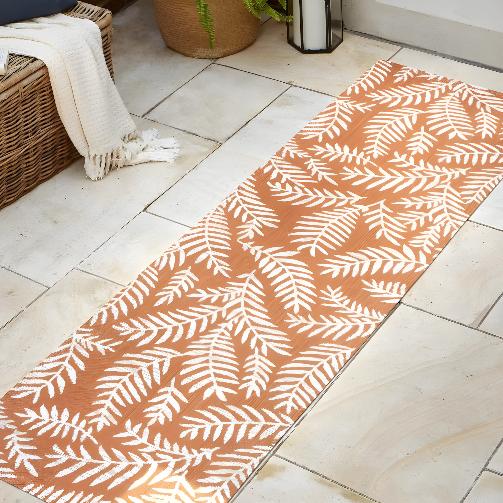 2' x 8' Nevis Palm Frond Indoor/Outdoor Runner Rug, Orange/Cream - JONATHAN Y