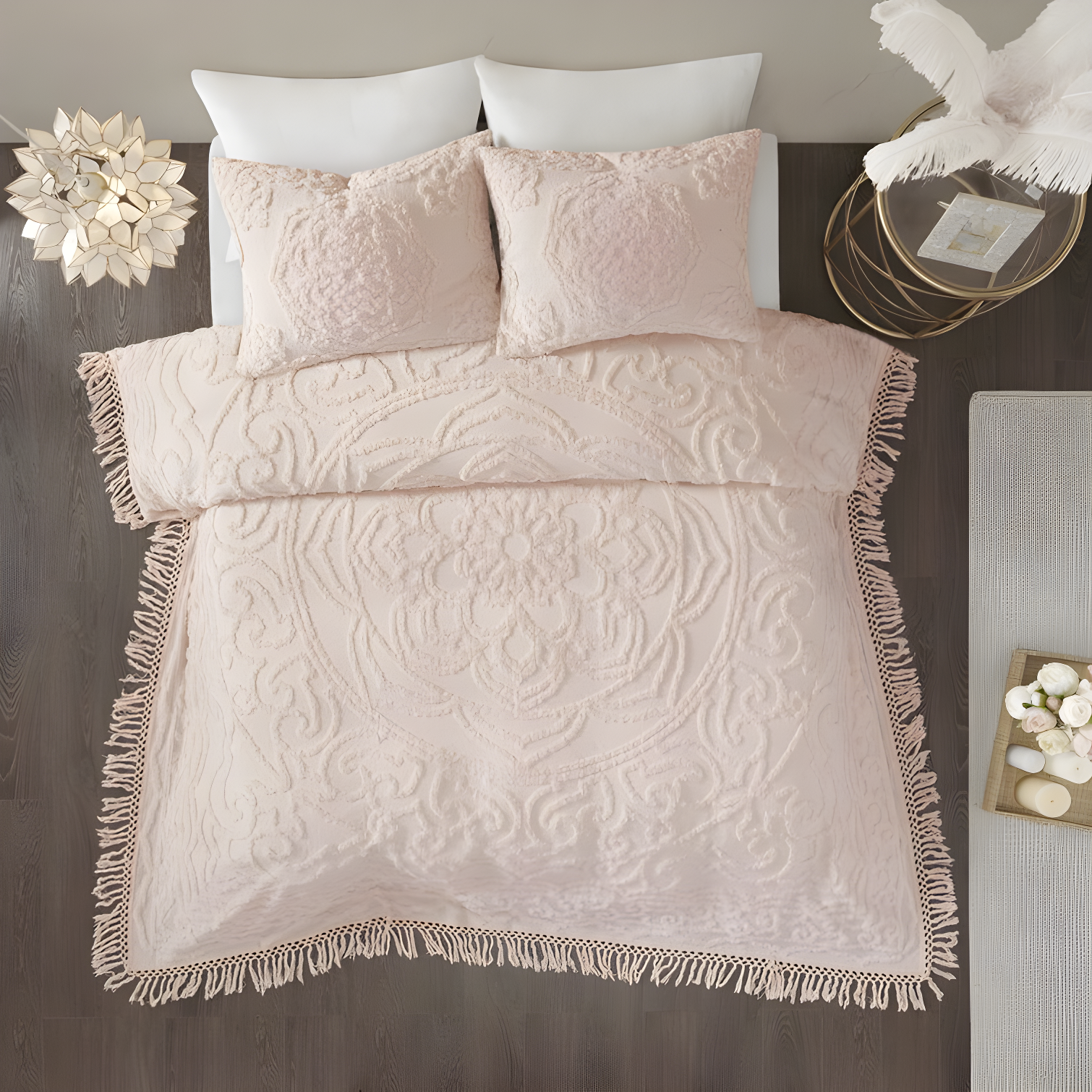 Laetitia Tufted Chenille Cotton Medallion Fringe Coverlet Set