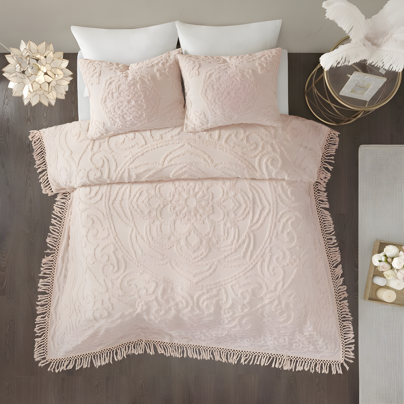 Laetitia Tufted Chenille Cotton Medallion Fringe Coverlet Set
