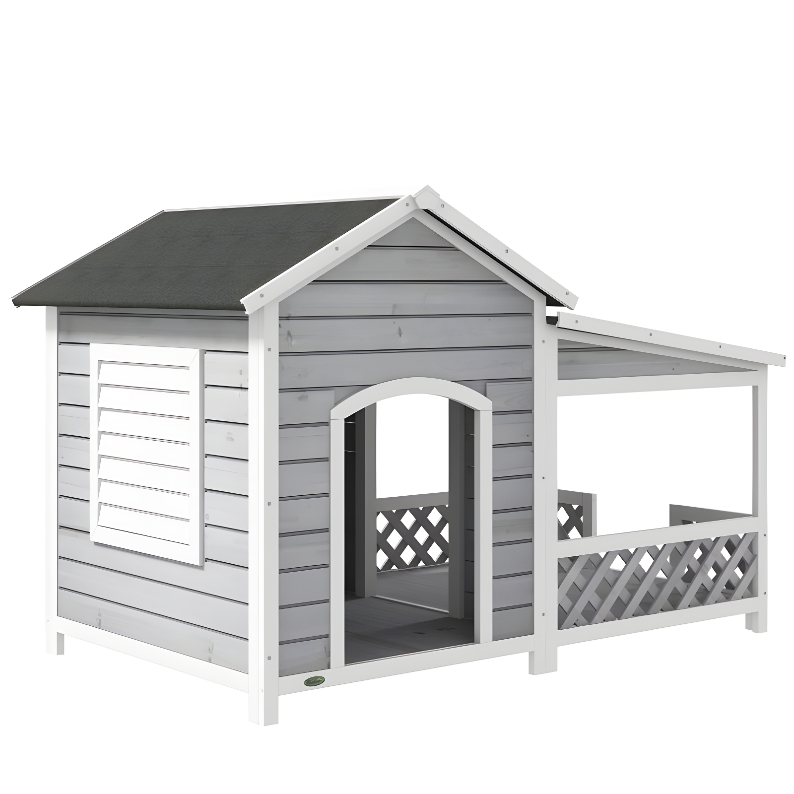 PawHut Wooden Dog House Outdoor with Porch, Raised Dog Shelter with Asphalt Roof, Doors and Shutter Window, for Medium Large Sized Dog, Light Gray