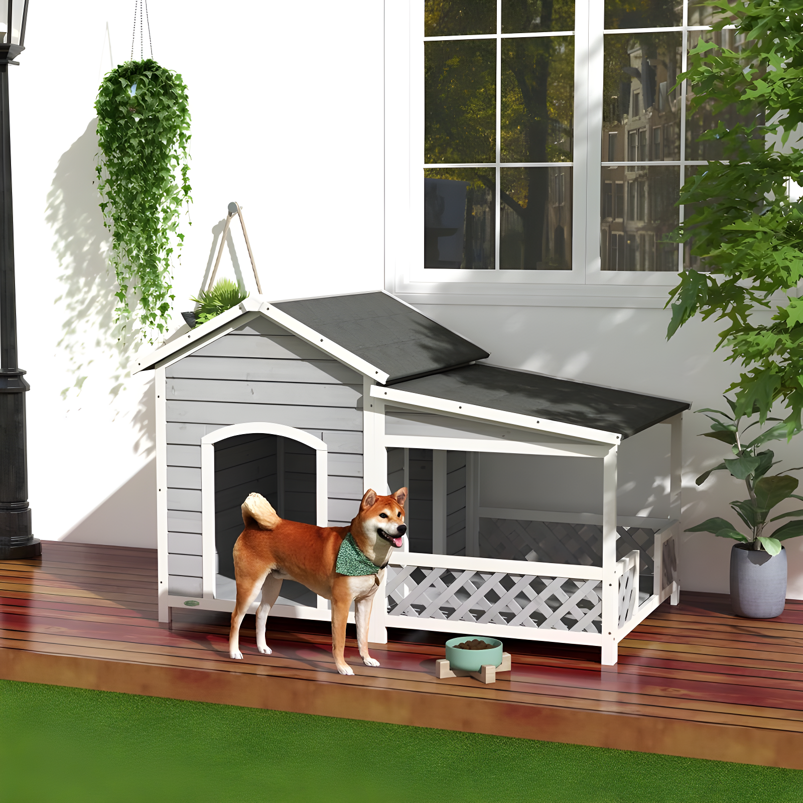 PawHut Wooden Dog House Outdoor with Porch, Raised Dog Shelter with Asphalt Roof, Doors and Shutter Window, for Medium Large Sized Dog, Light Gray