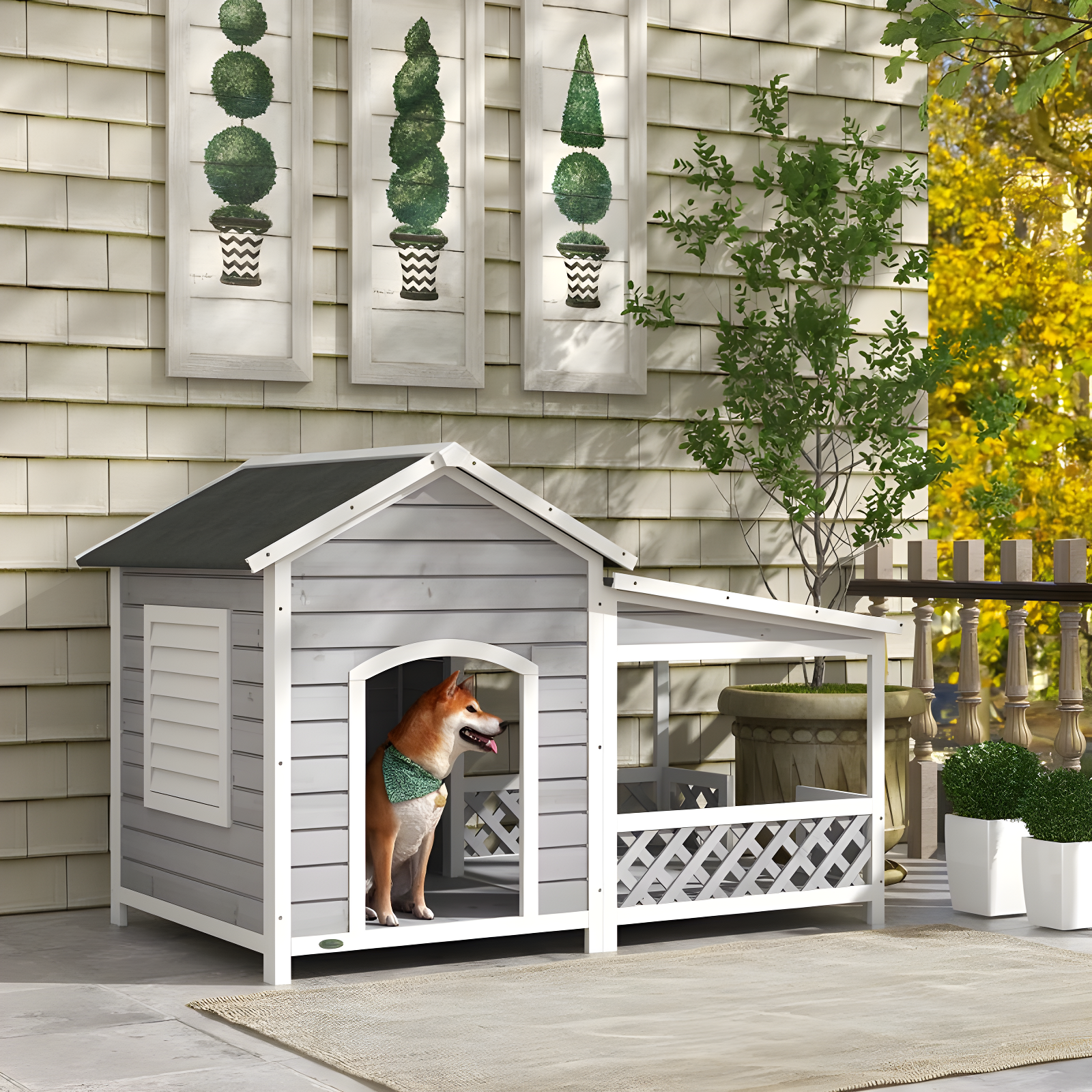 PawHut Wooden Dog House Outdoor with Porch, Raised Dog Shelter with Asphalt Roof, Doors and Shutter Window, for Medium Large Sized Dog, Light Gray