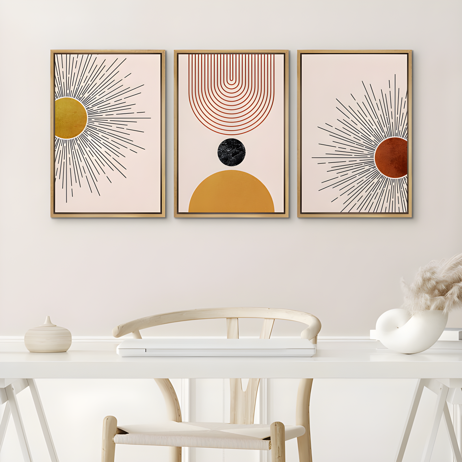 Mid Century Modern Boho Bright Nordic Abstract  Living Room Framed Canvas 3 Pieces Print Wall Art