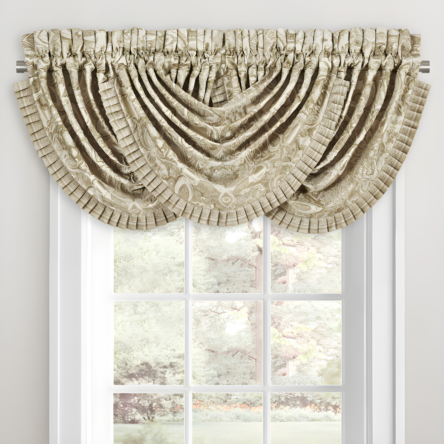 Beige Jacquard Damask Waterfall Window Valance