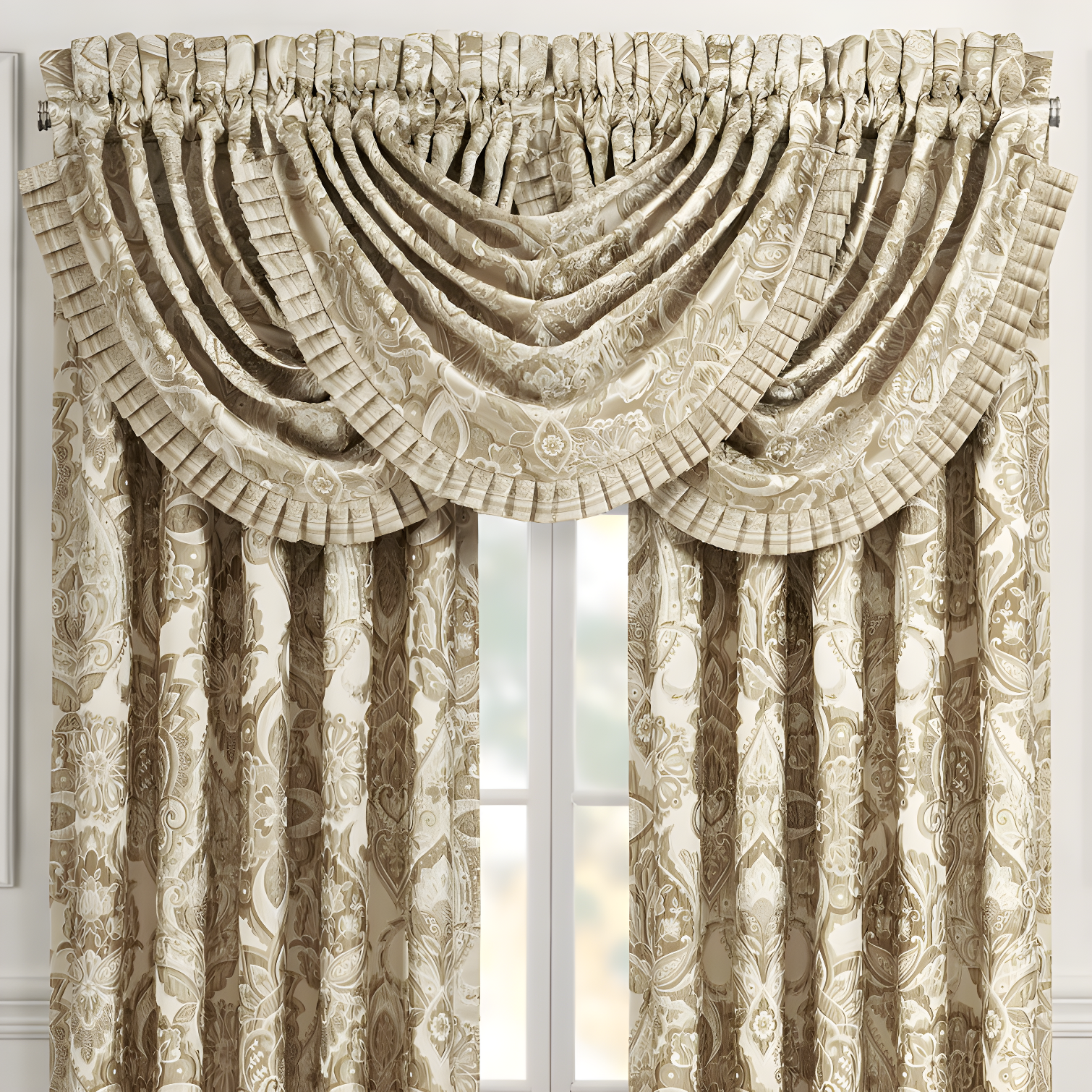 Beige Jacquard Damask Waterfall Window Valance