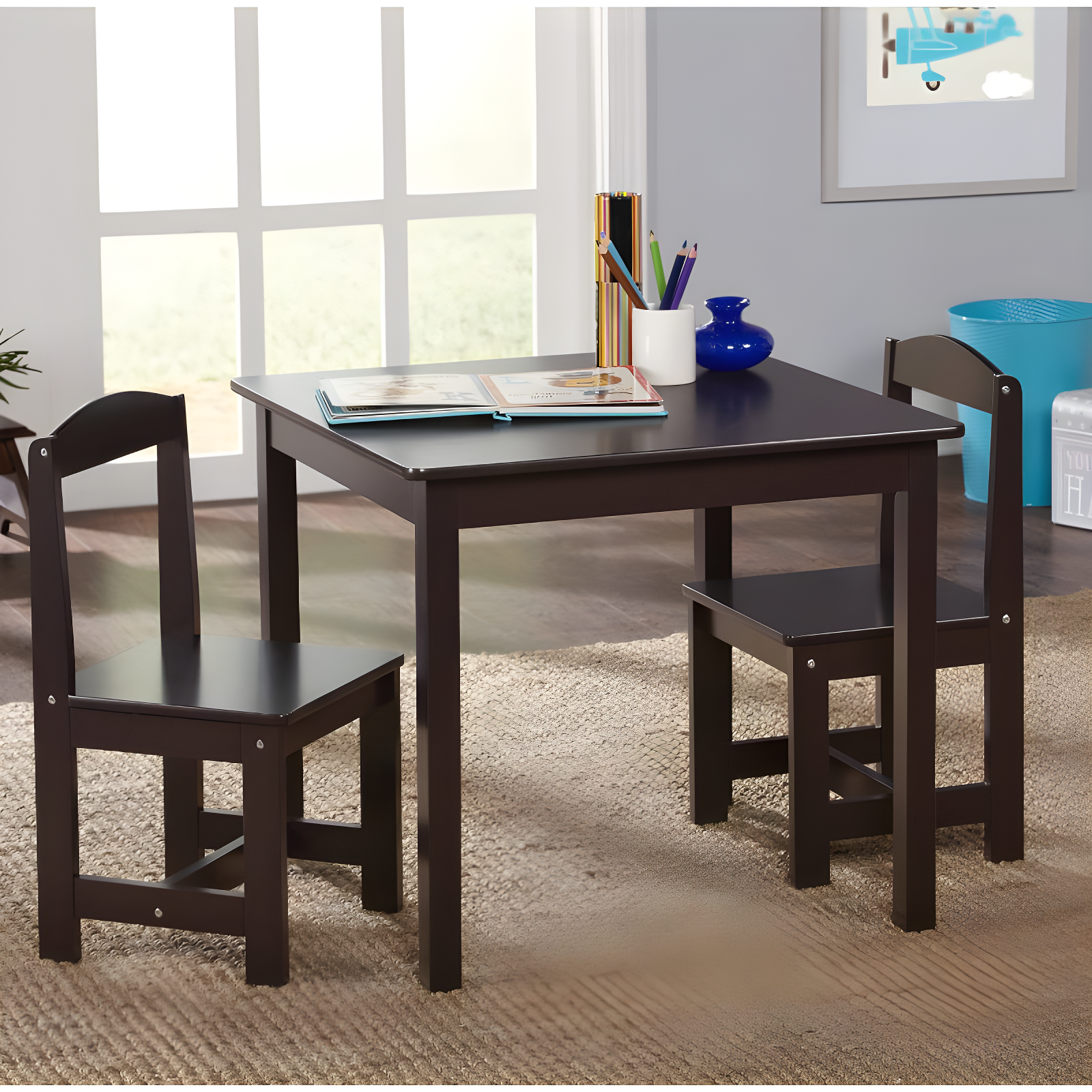 3pc Madeline Kids' Table and Chair Set Espresso - Buylateral: Toddler Table Set, MDF & Laminate, 50 lb Capacity